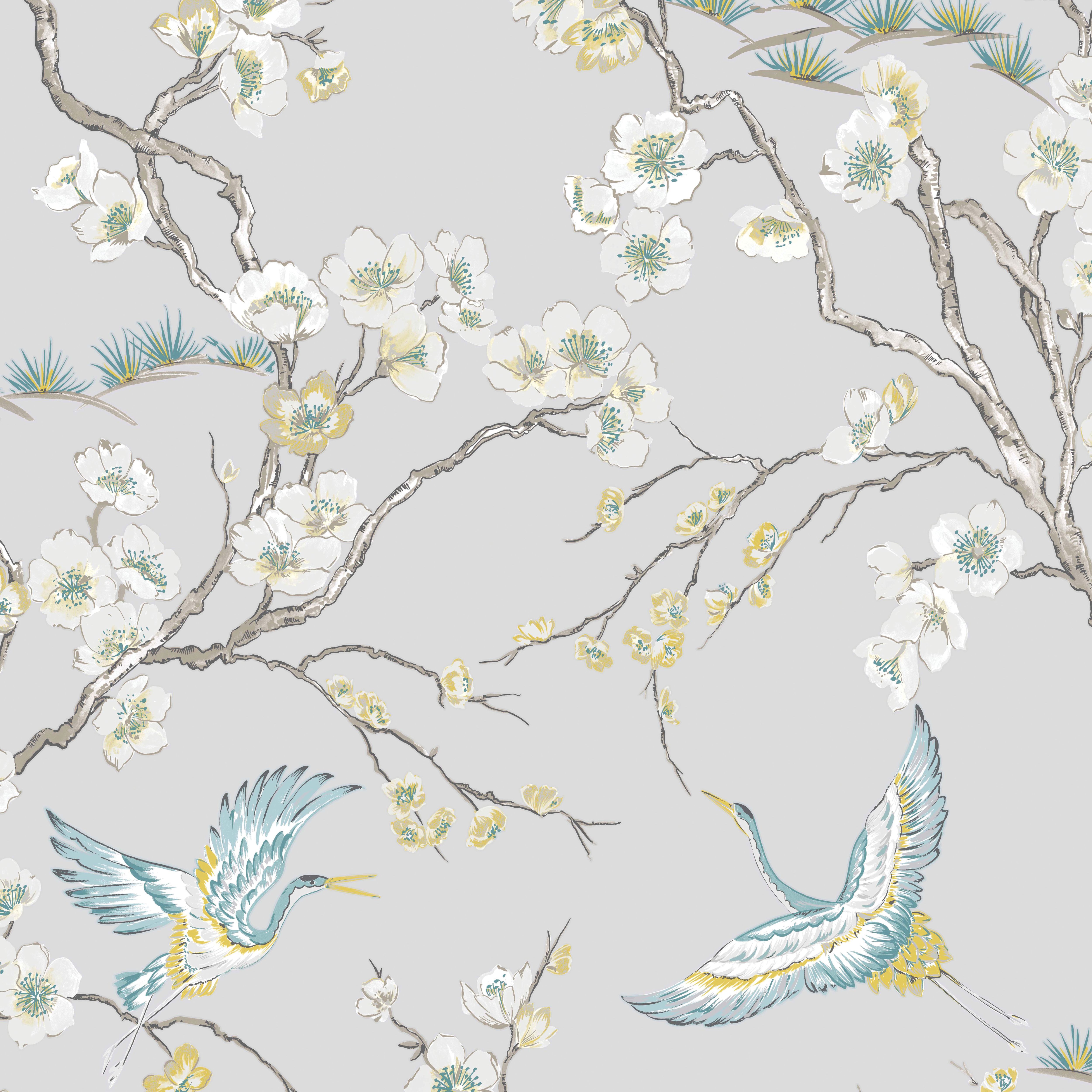 Image of Sublime Japan Blue & Grey Floral Wallpaper - 10m