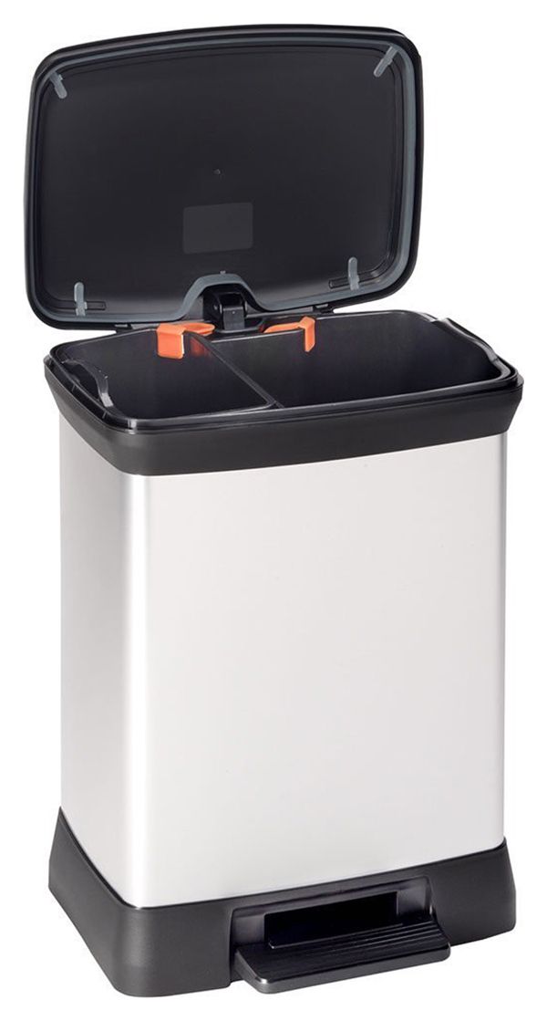 Image of Curver Metal Effect Duo Recycle Pedal Touch Deco Bin, Silver, 28 Litre