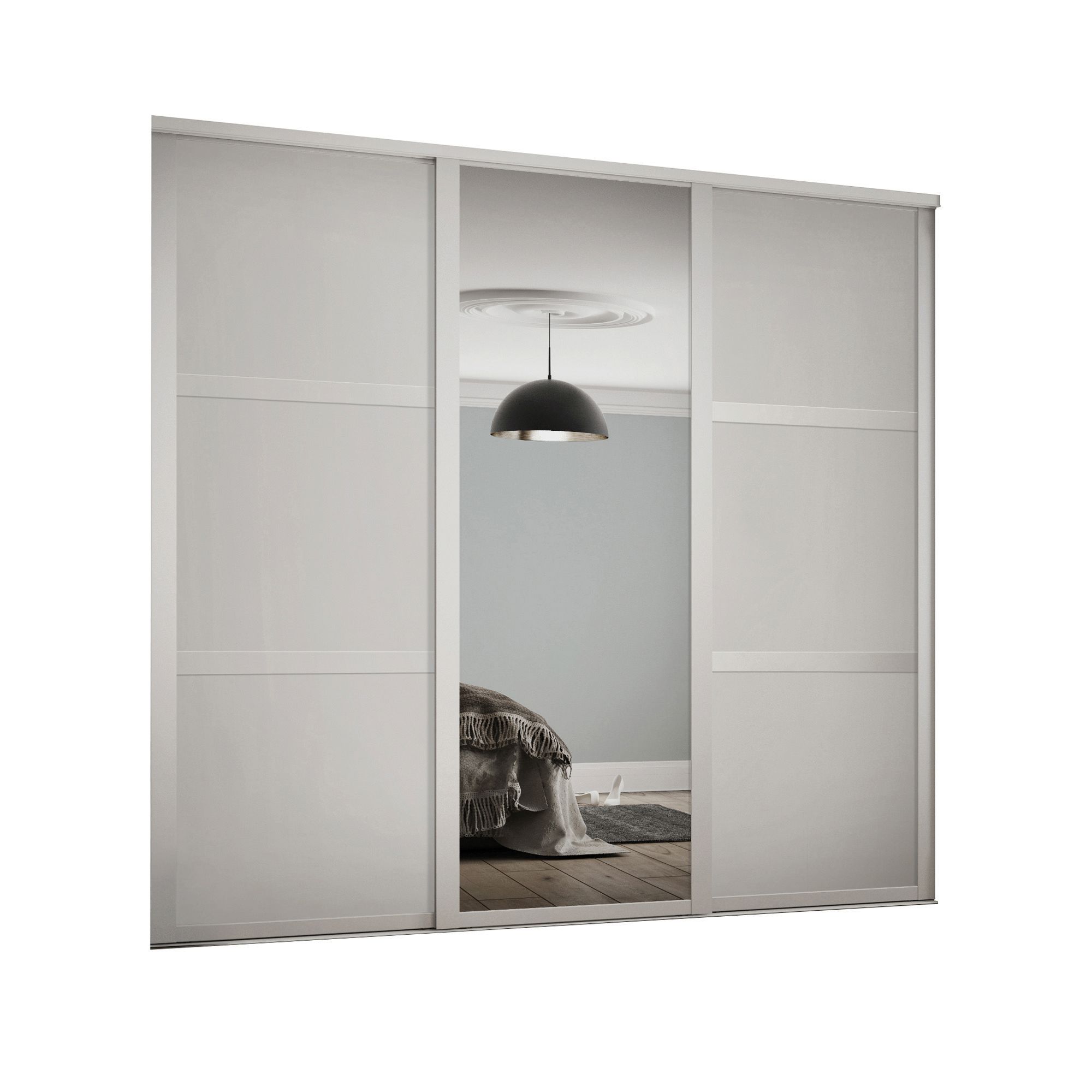 Image of Spacepro 610mm White Shaker frame 3 panel & 1x Single panel Mirror Sliding Wardrobe Door Kit