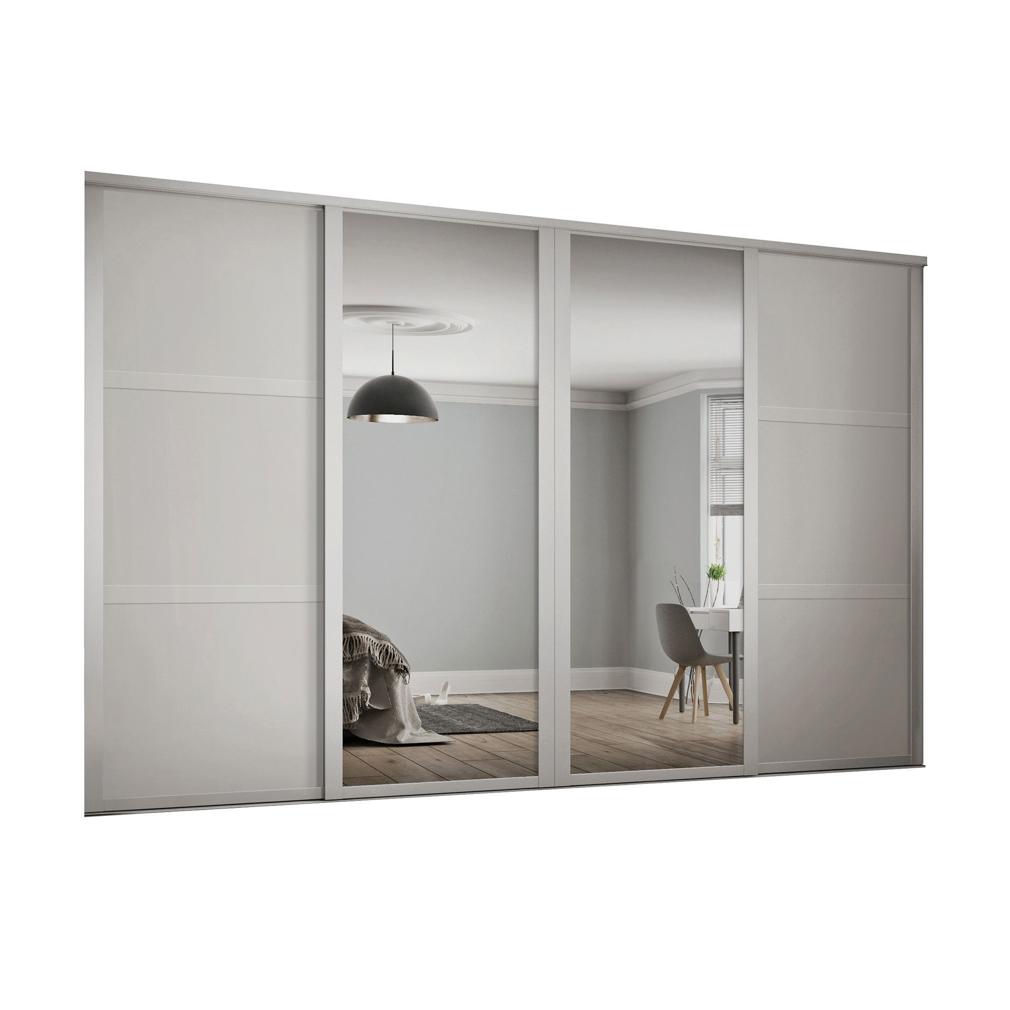 Image of Spacepro 610mm White Shaker frame 3 panel & 2x Single panel Mirror Sliding Wardrobe Door Kit