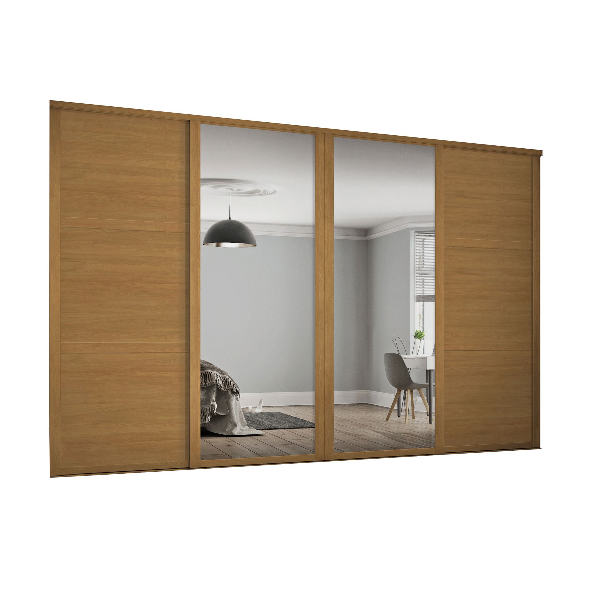 Image of Spacepro 610mm Oak Shaker frame 3 panel & 2x Single panel Mirror Sliding Wardrobe Door Kit
