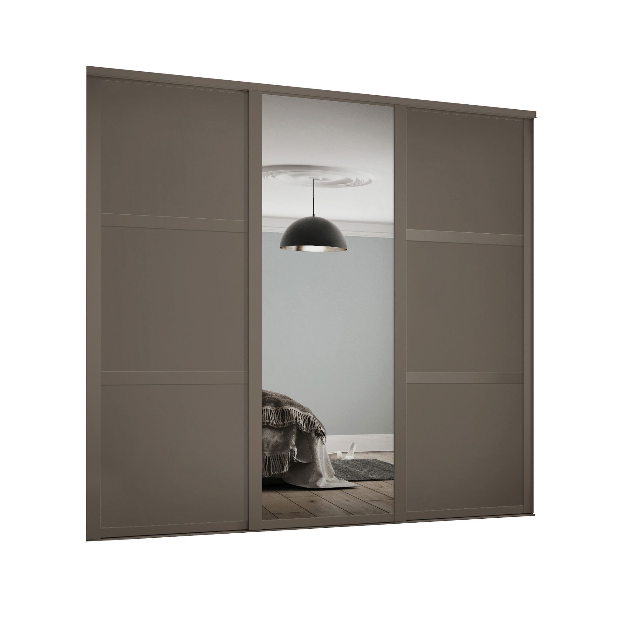 Image of Spacepro 610mm Stone Grey Shaker frame 3 panel & 1x Single panel Mirror Sliding Wardrobe Door Kit