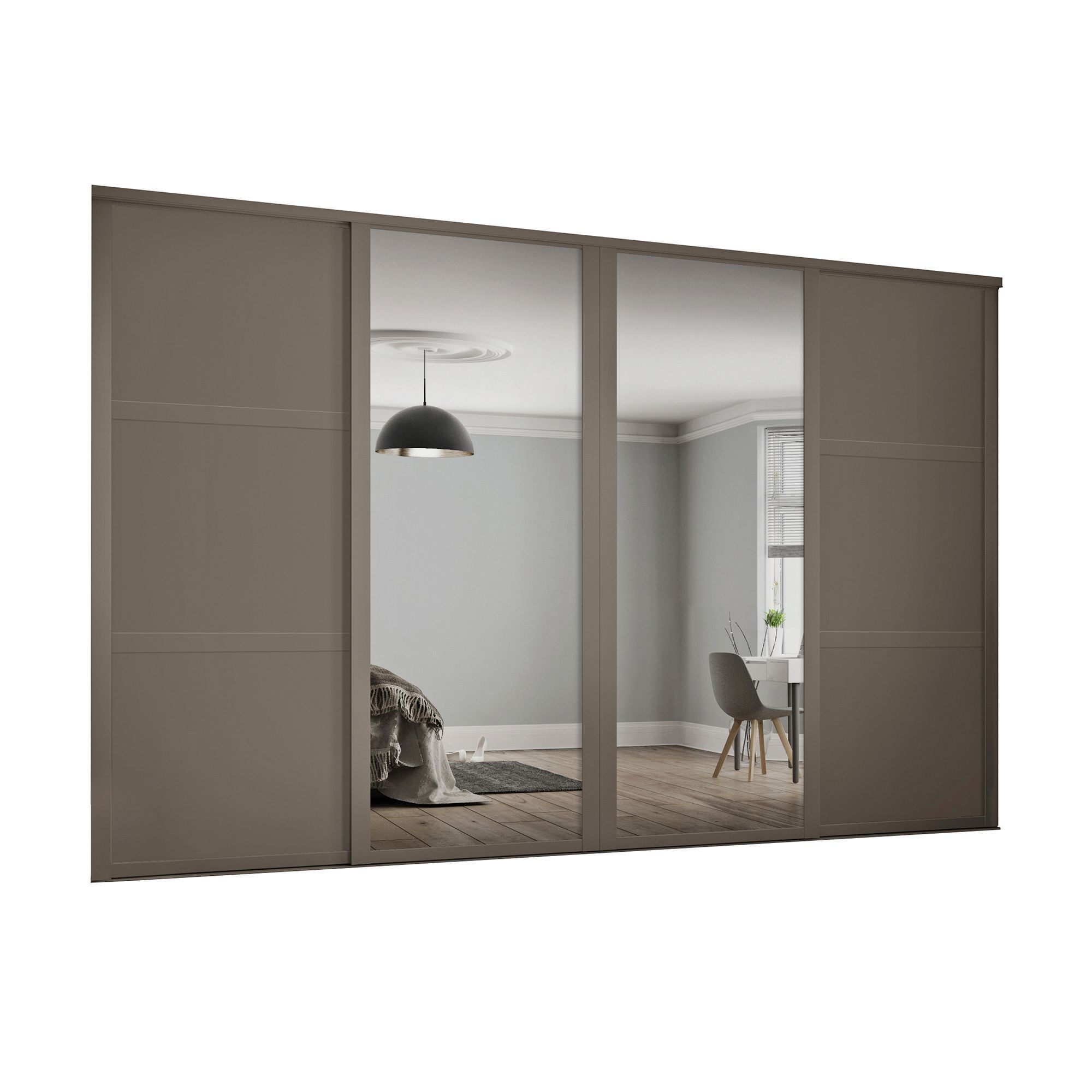 Image of Spacepro 610mm Stone Grey Shaker frame 3 panel & 2x Single panel Mirror Sliding Wardrobe Door Kit