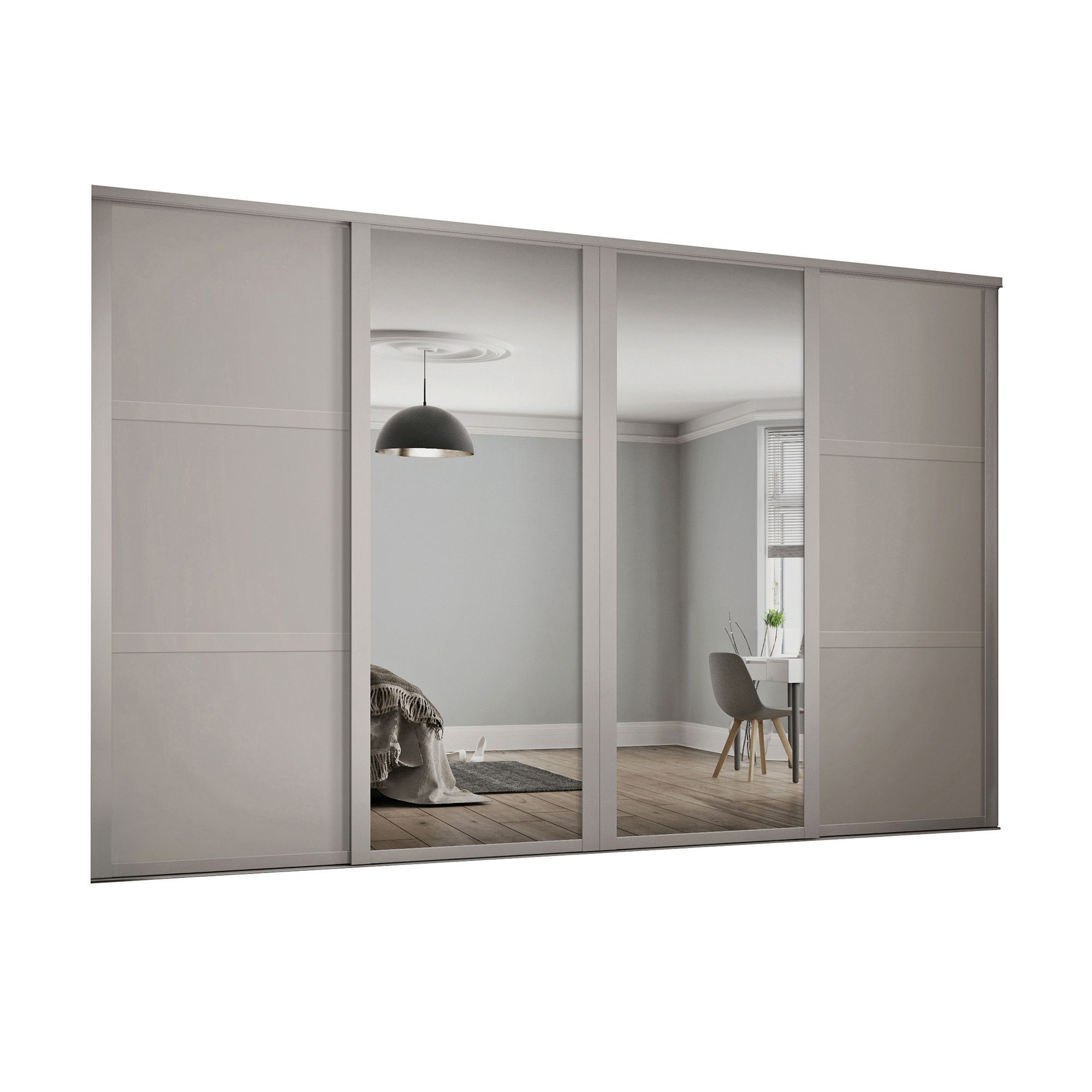 Image of Spacepro 610mm Cashmere Shaker frame 3 panel & 2x Single panel Mirror Sliding Wardrobe Door Kit