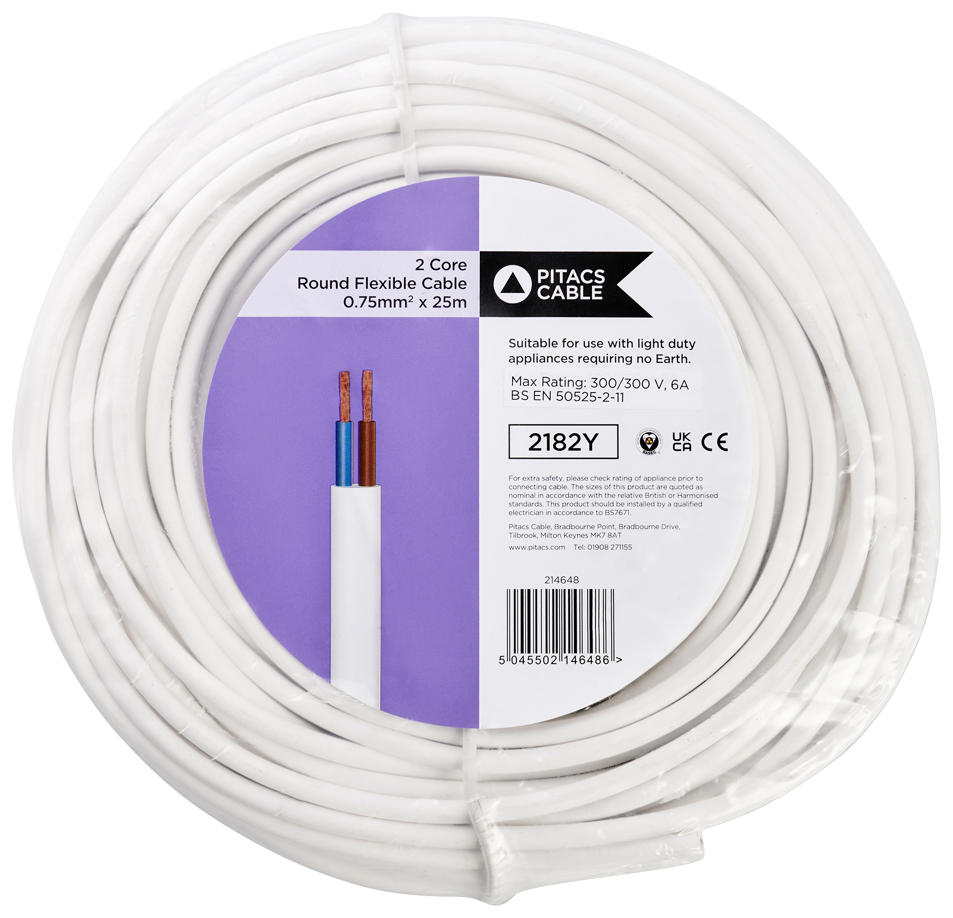 Pitacs 2 Core 2182Y White Round Flexible Cable - 0.75mm² - 25m