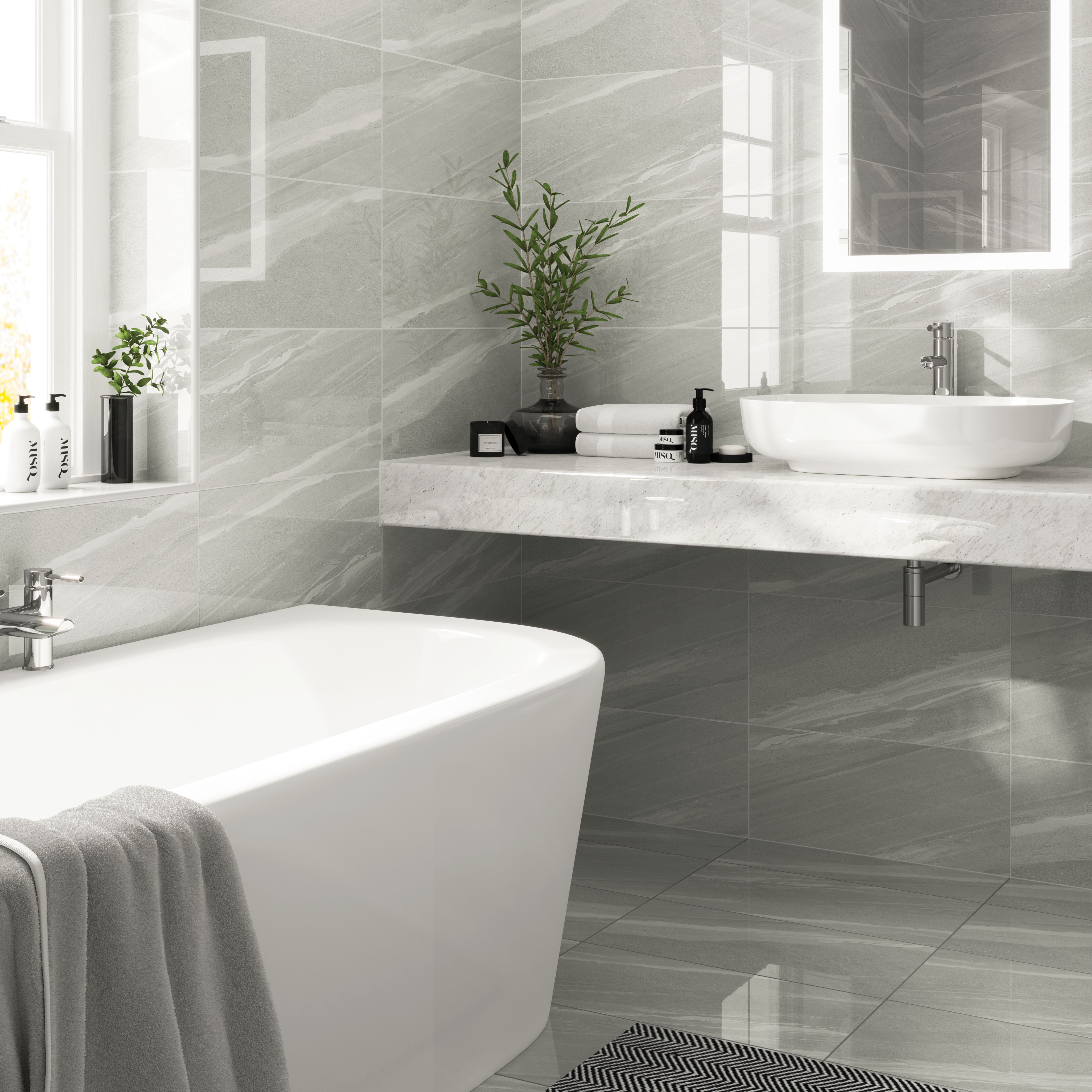 Wickes Olympia™ Grey Polished Sandstone Porcelain Wall & Floor Tile - 600 x 300mm