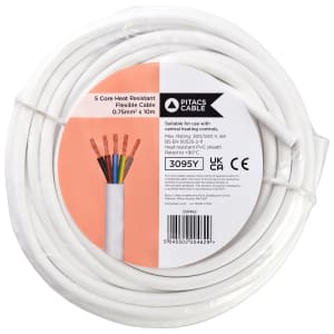 5 Core Heat Resistant Flexible Cable 0.75mm 3095Y White 10m