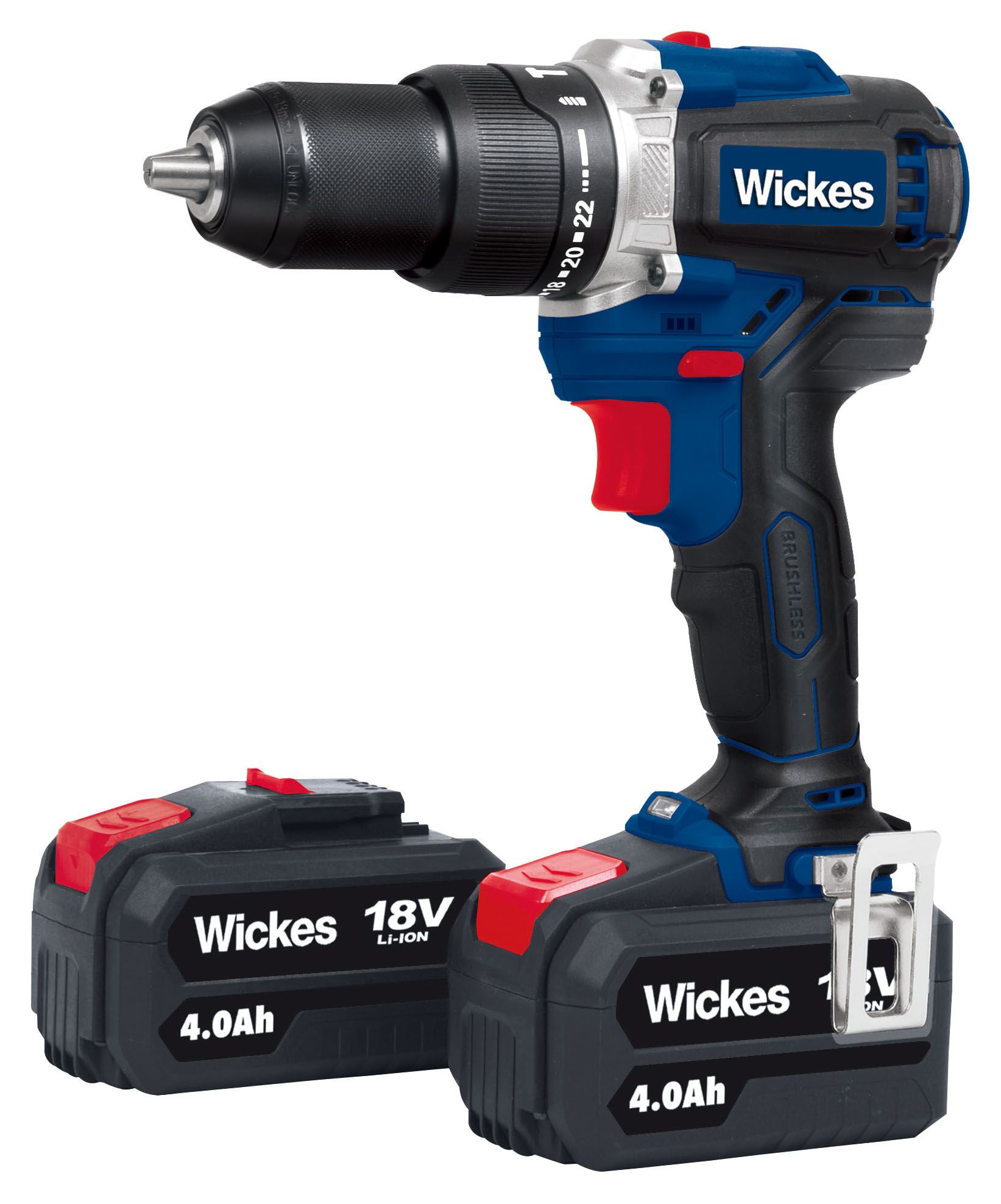Image of Wickes 18V 2 x 4.0Ah Li-ion Cordless Brushless Combi Drill