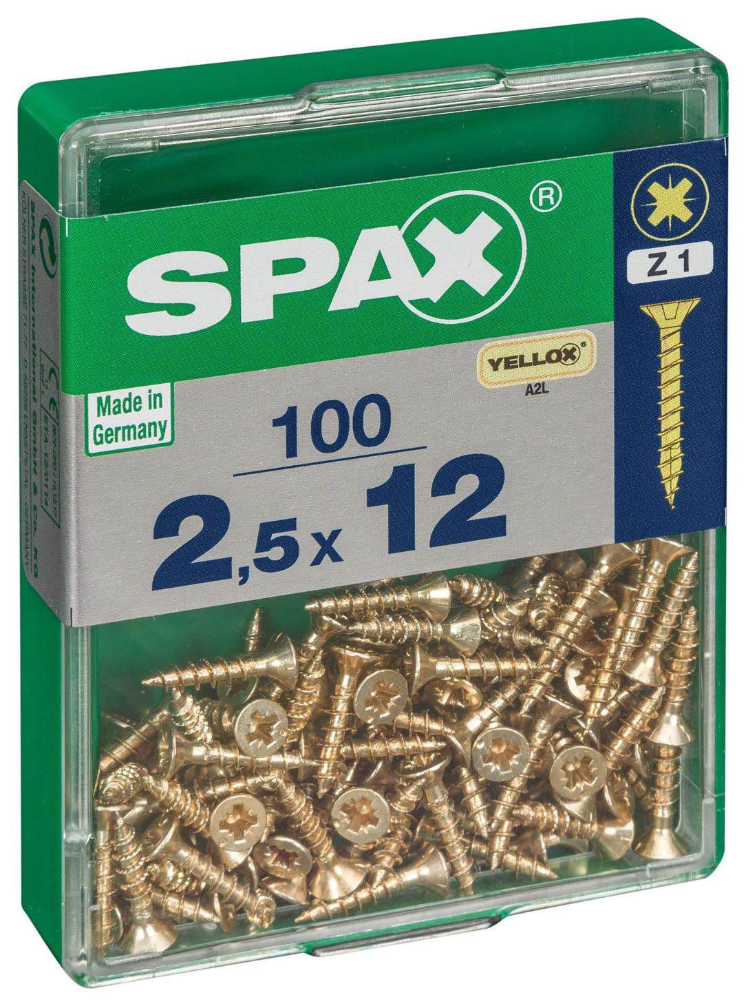 Spax Pz Countersunk Yellox Screws - 2.5x12mm Pack Of 100