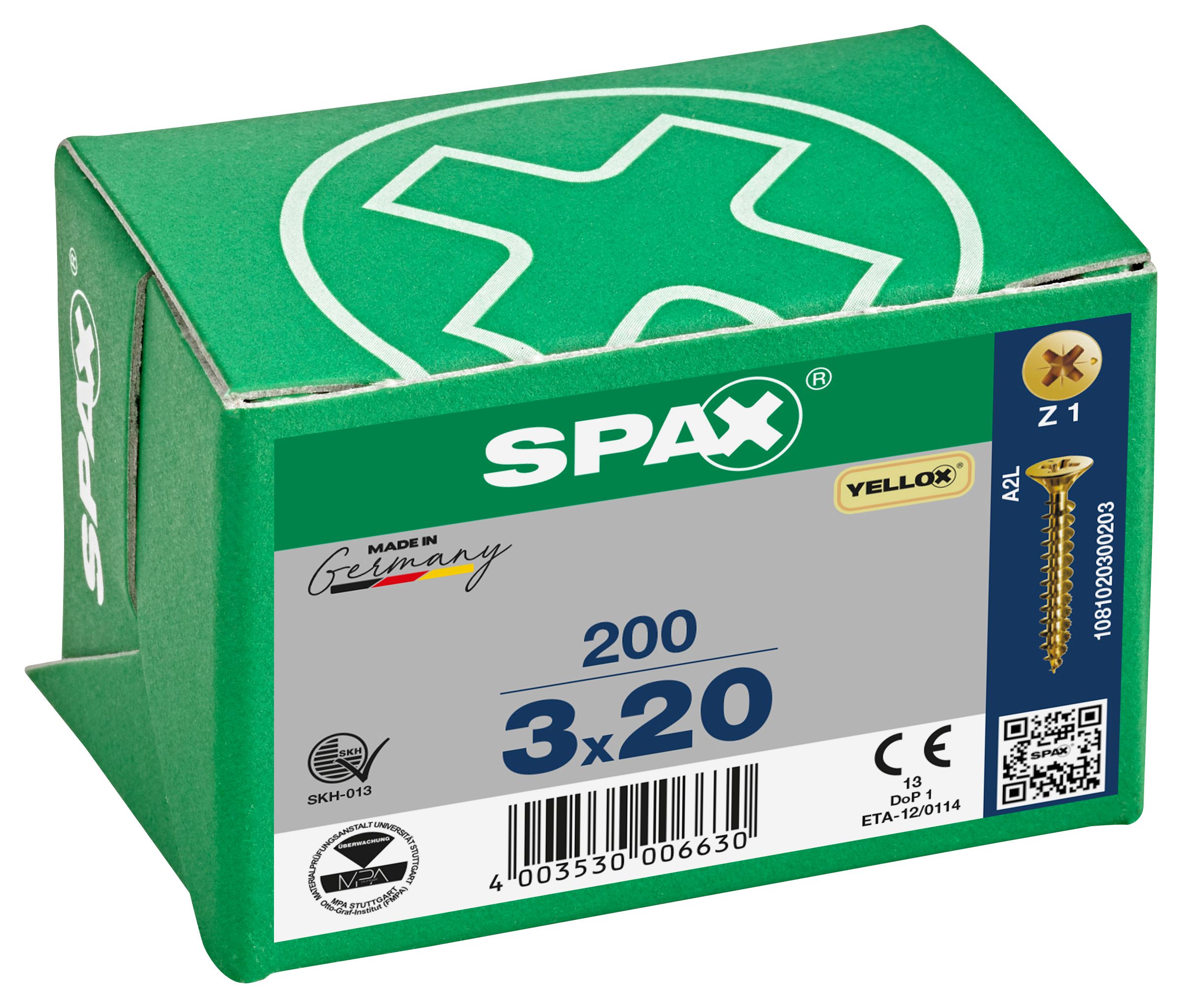 Spax Pz Countersunk Yellox Screws - 3x20mm Pack Of 200