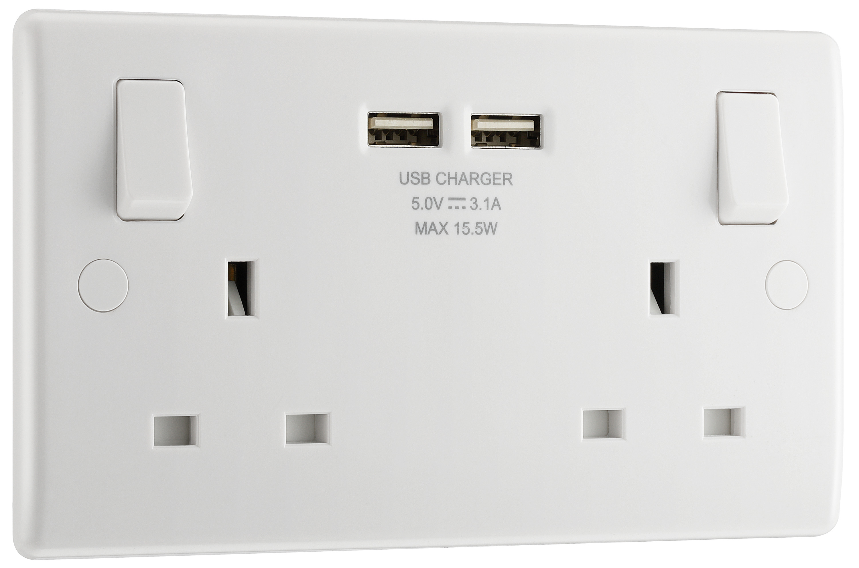 BG Slimline 13A 2 Gang Double Switched Power Socket with 2 x USB 3.1A - White