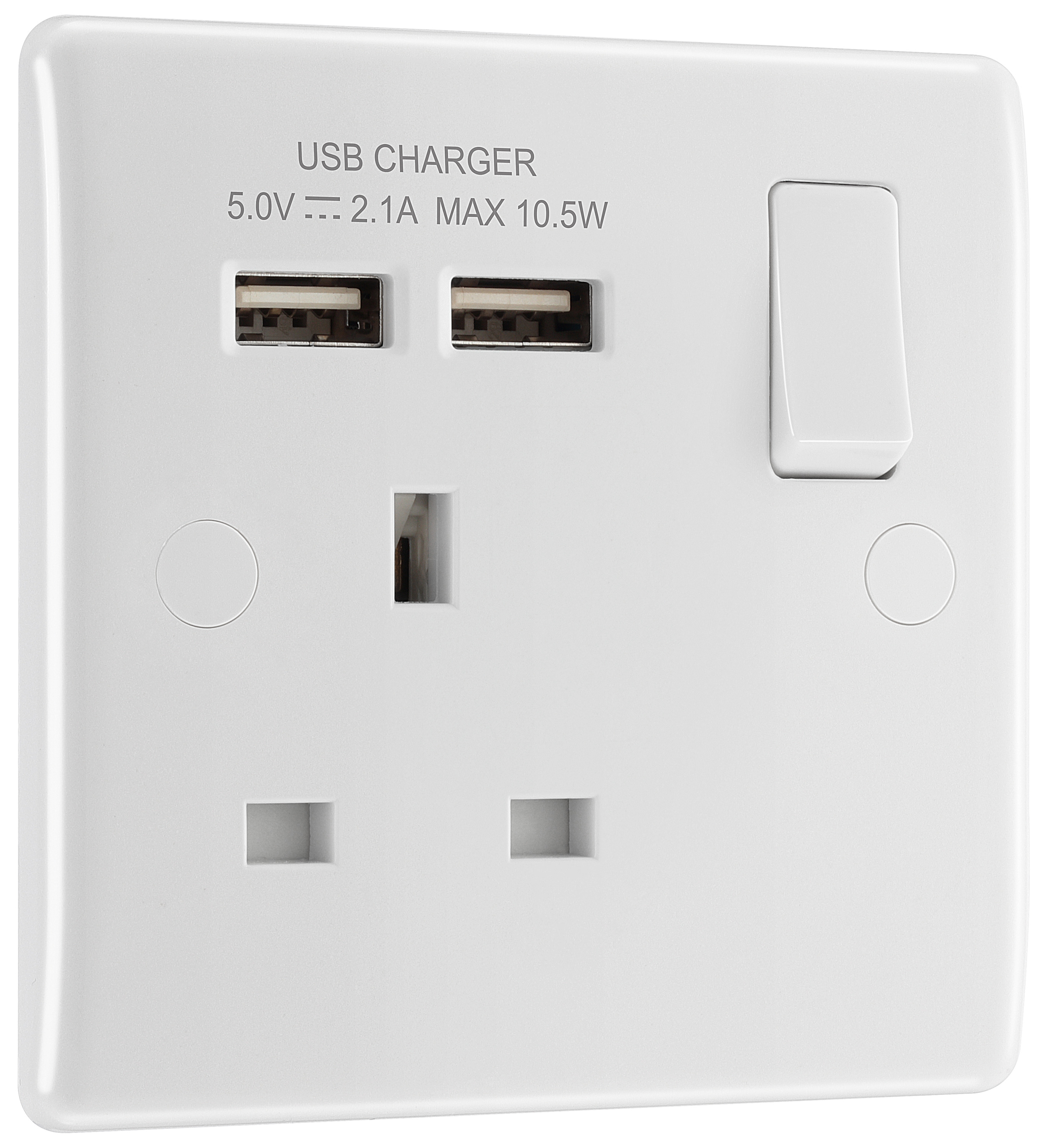 BG Slimline 13A Single 1 Gang White Switched Power Socket with 2 x USB 2.1A