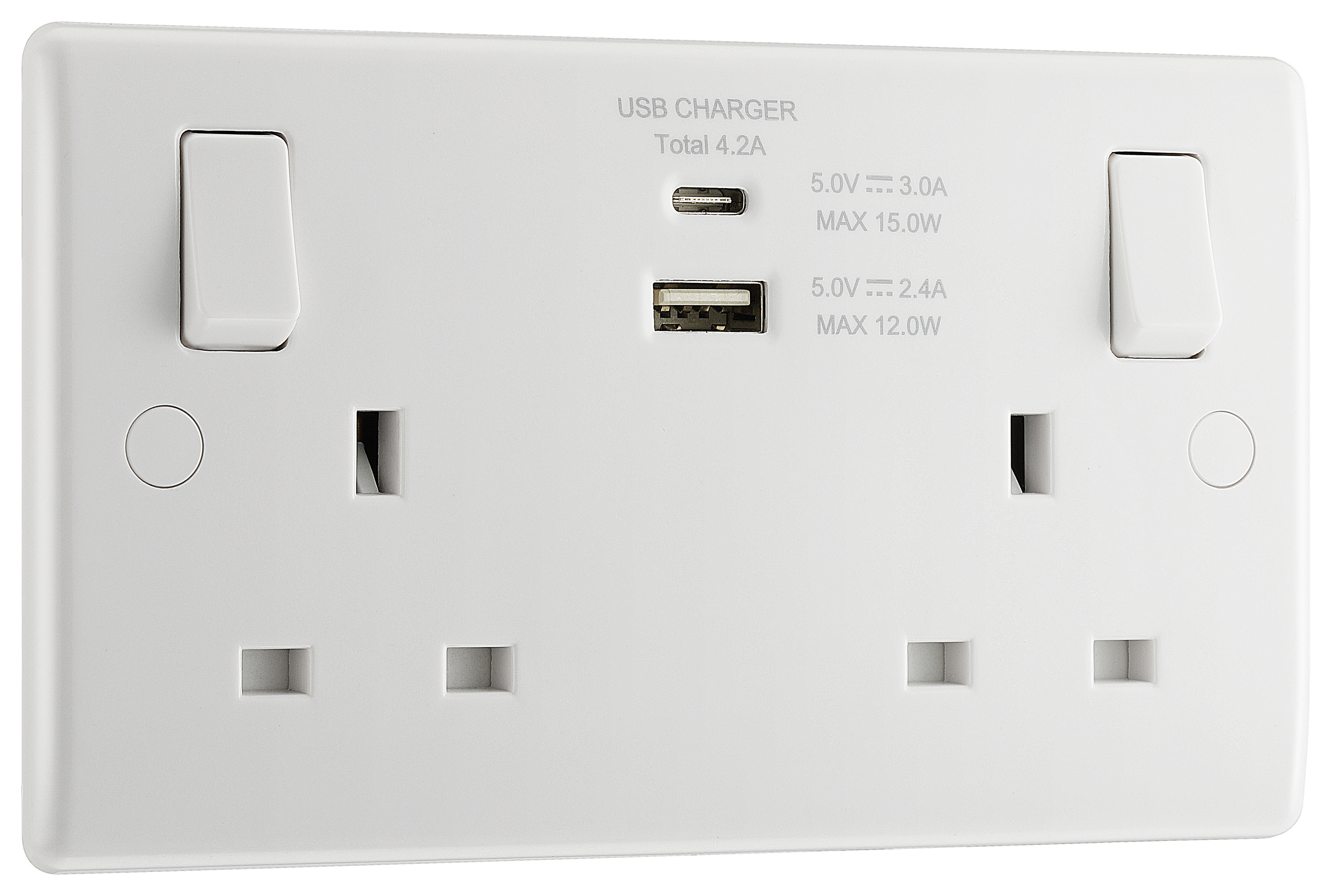 BG Slimline 13A Double 2 Gang Switched Power Socket with USB A & USB C 4.2A - White