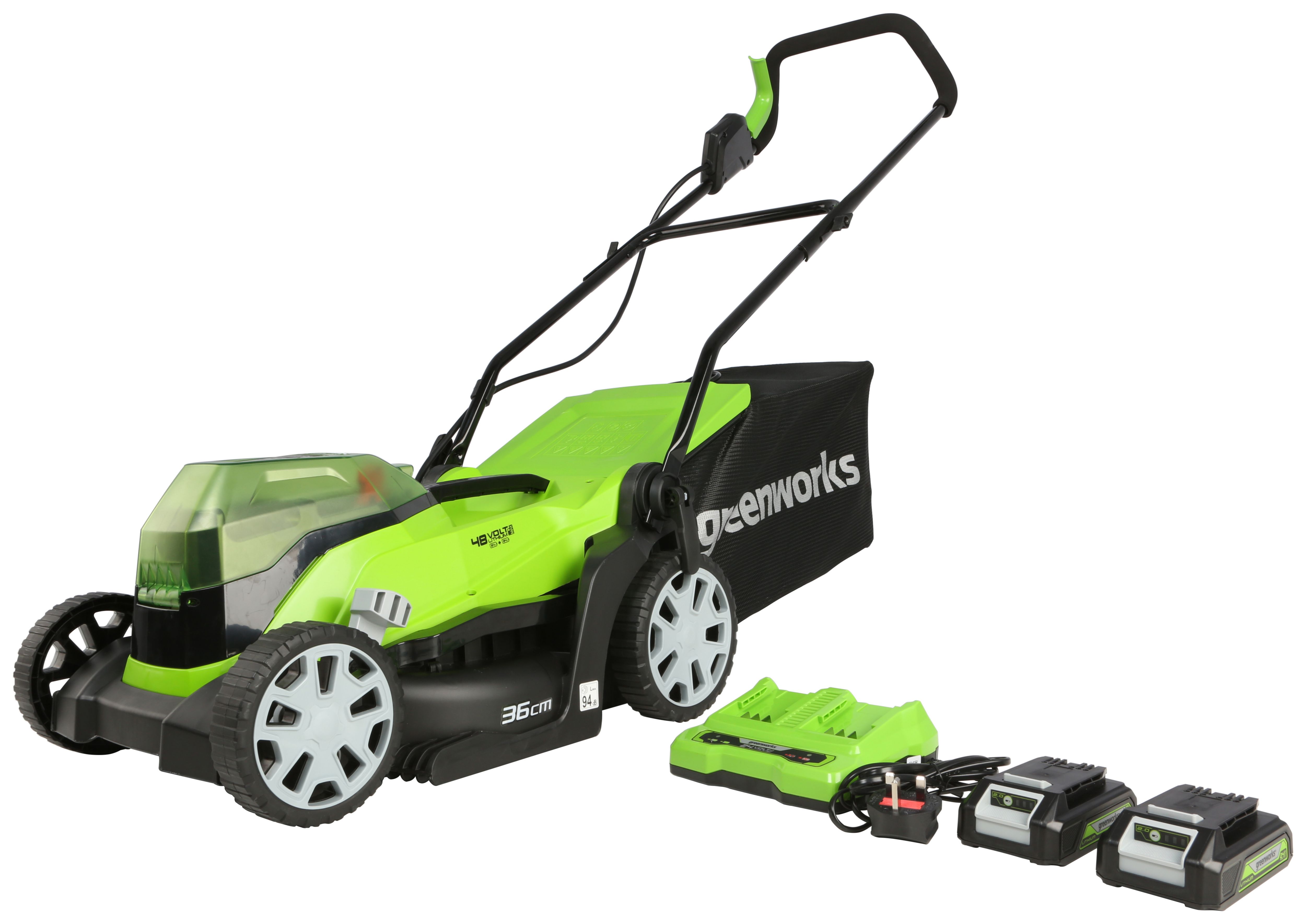 Image of Greenworks Cordless Lawn Mower 48V with 2 x 24V 2Ah Batteries & Charger - 36cm