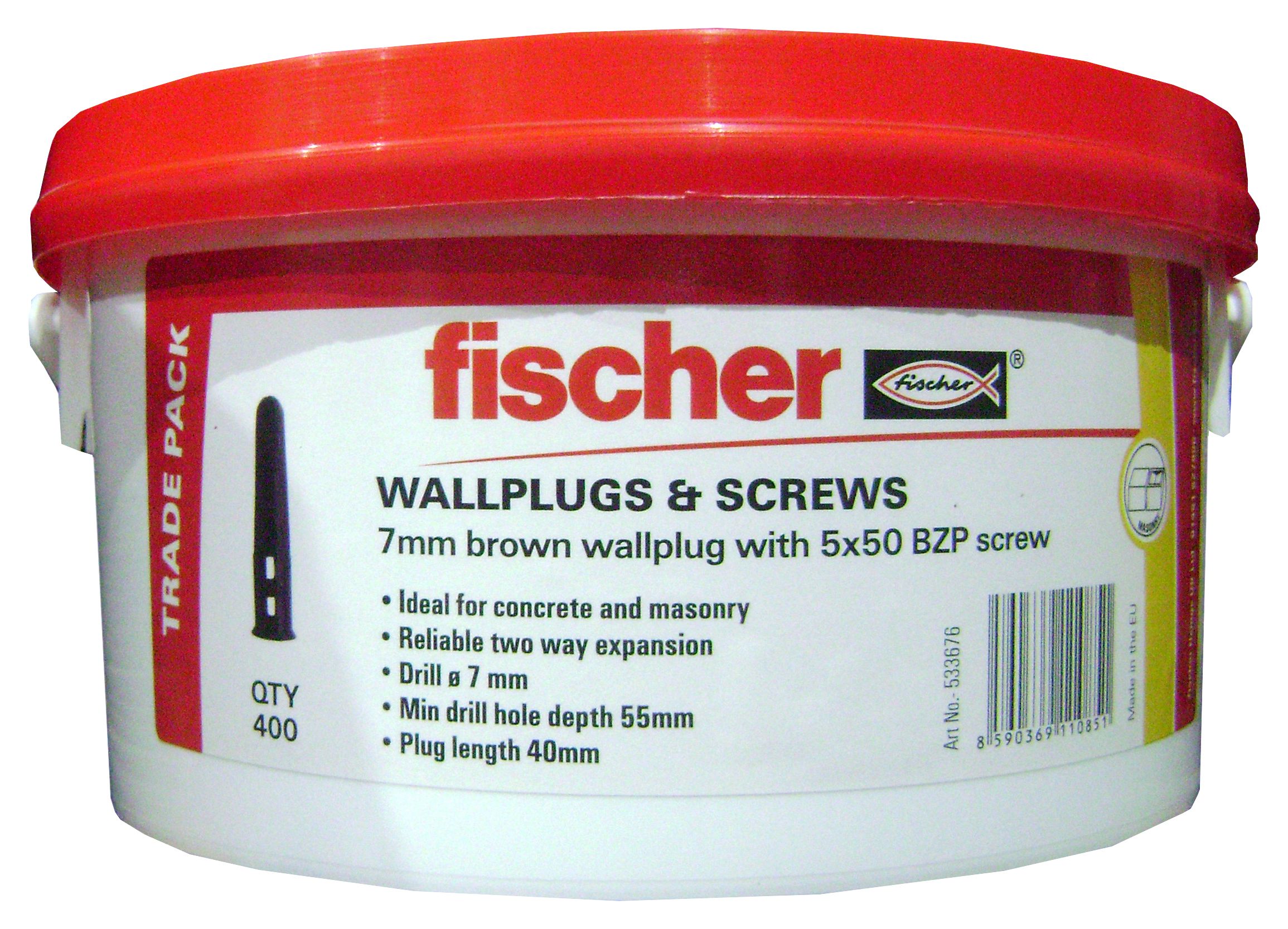 Image of Fischer Wall Plugs Brown 7mm W/ Screws Tub 400 Pack