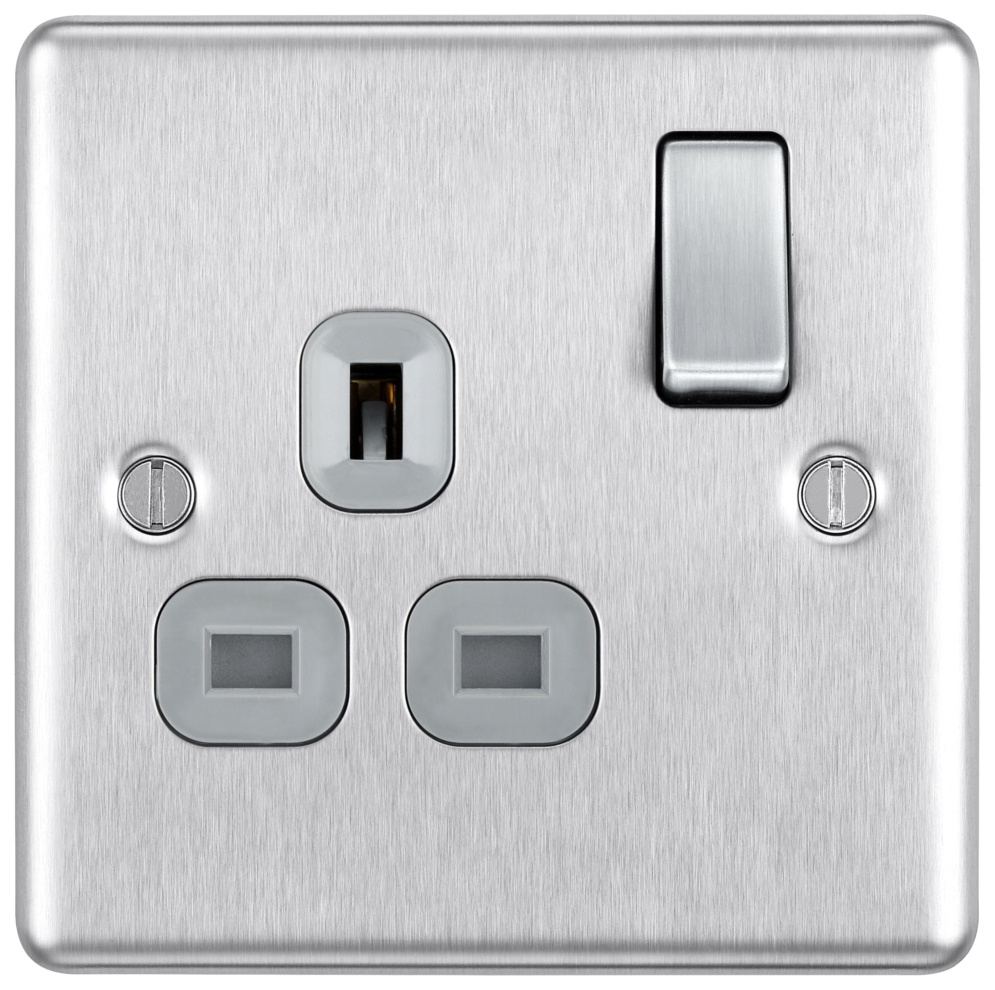 Image of BG 13A Screwed Raised Plate Single Switched Power Socket Double Pole -Brushed Steel