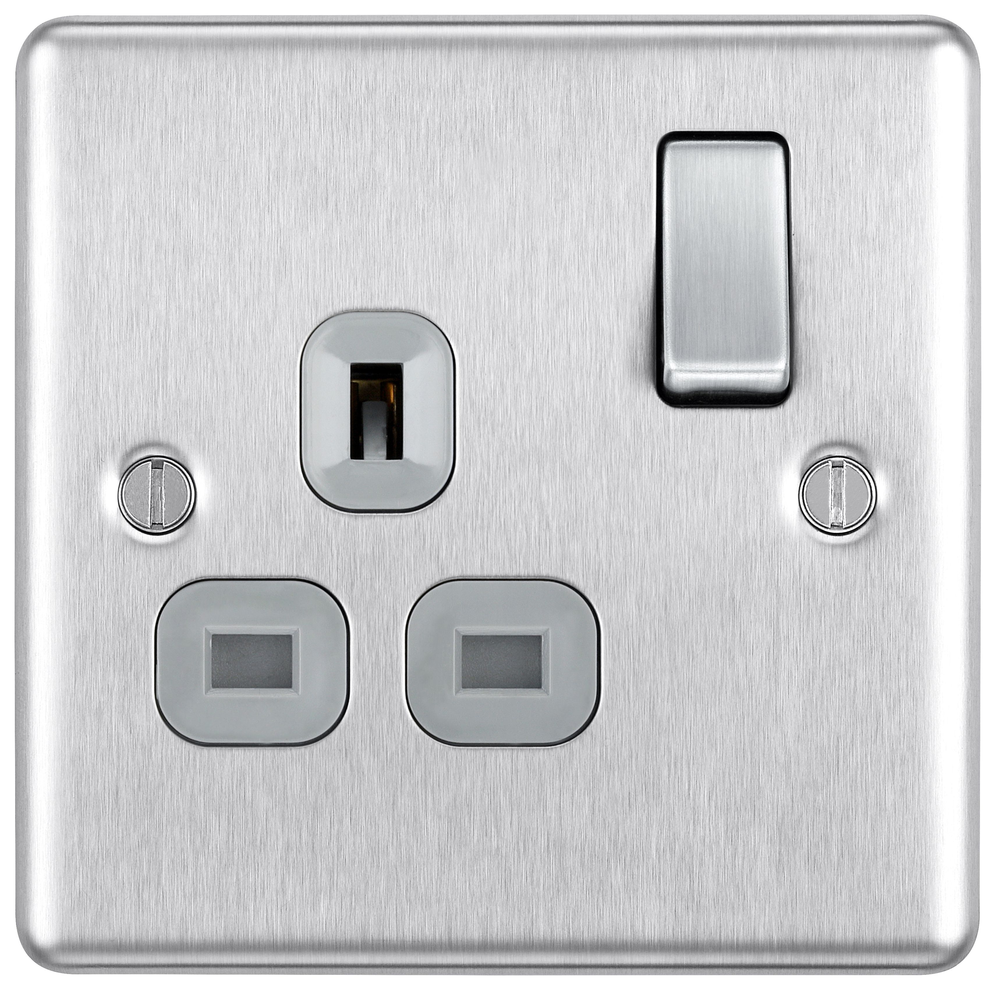 BG 13A Double Pole Screwed Raised Plate Single Switched Power Socket - Brushed Steel