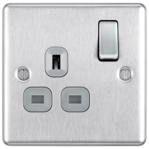 BG 13A Screwed Raised Plate Single Switched Power Socket Double Pole -Brushed Steel