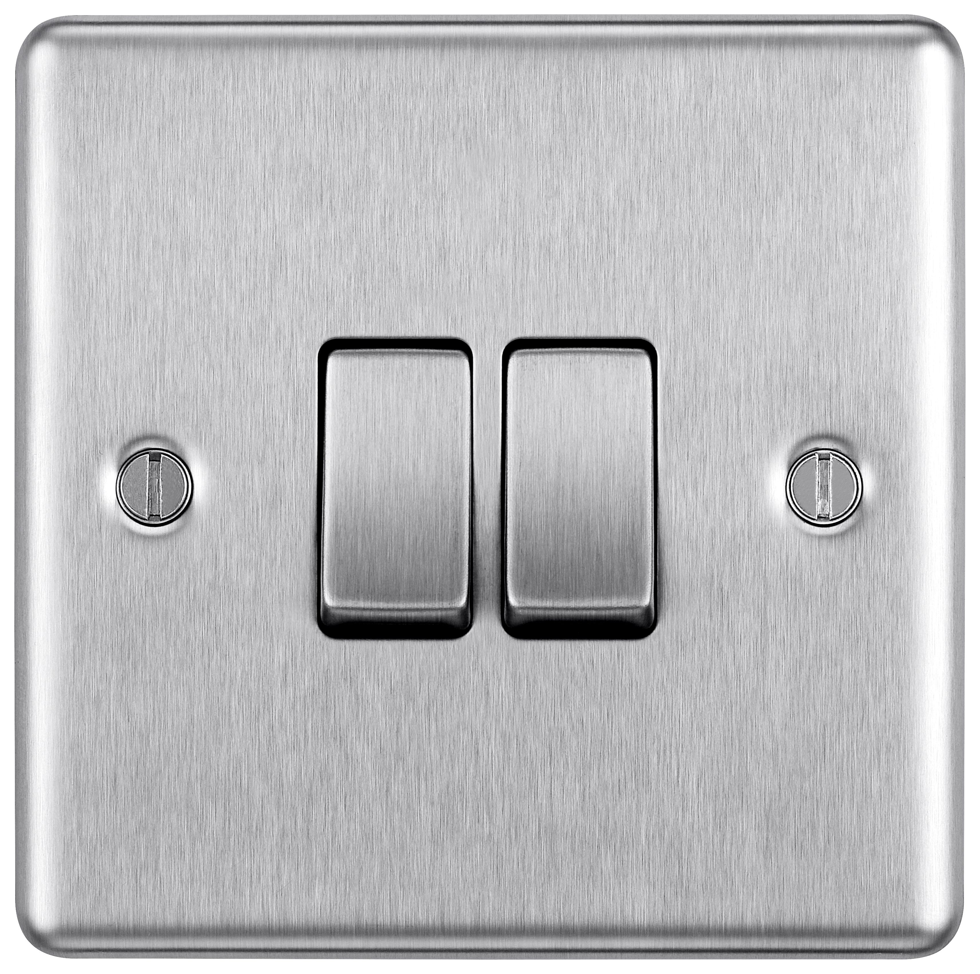 Image of BG 10Ax Screwed Raised Plate Double Switch 2 Way - Brushed Steel
