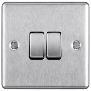 BG 10Ax Screwed Raised Plate Double Switch 2 Way - Brushed Steel