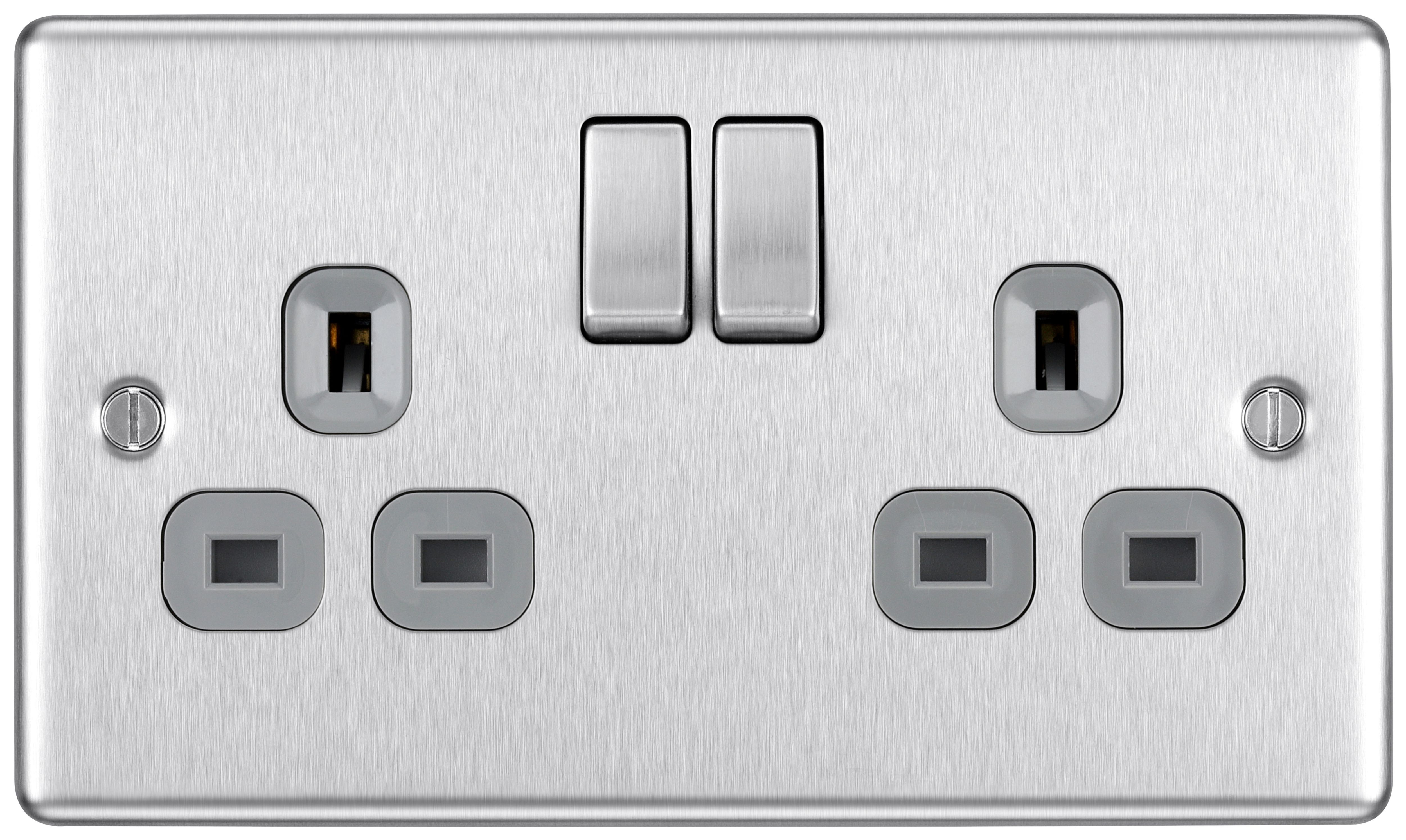 Image of BG 13A Screwed Raised Plate Double Switched Power Socket Double Pole - Brushed Steel