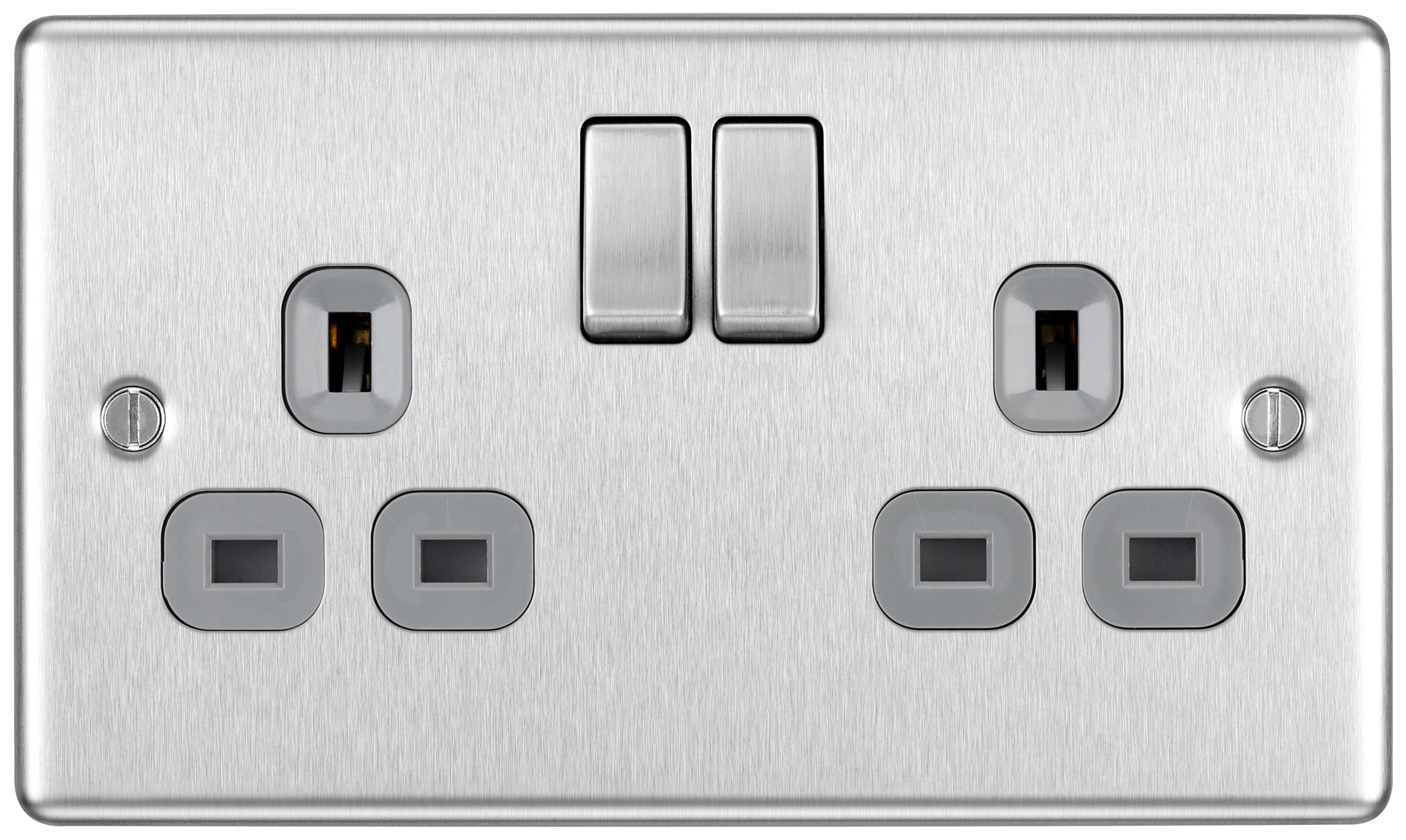 BG 13A Double Pole Screwed Raised Plate Double Switched Power Socket - Brushed Steel