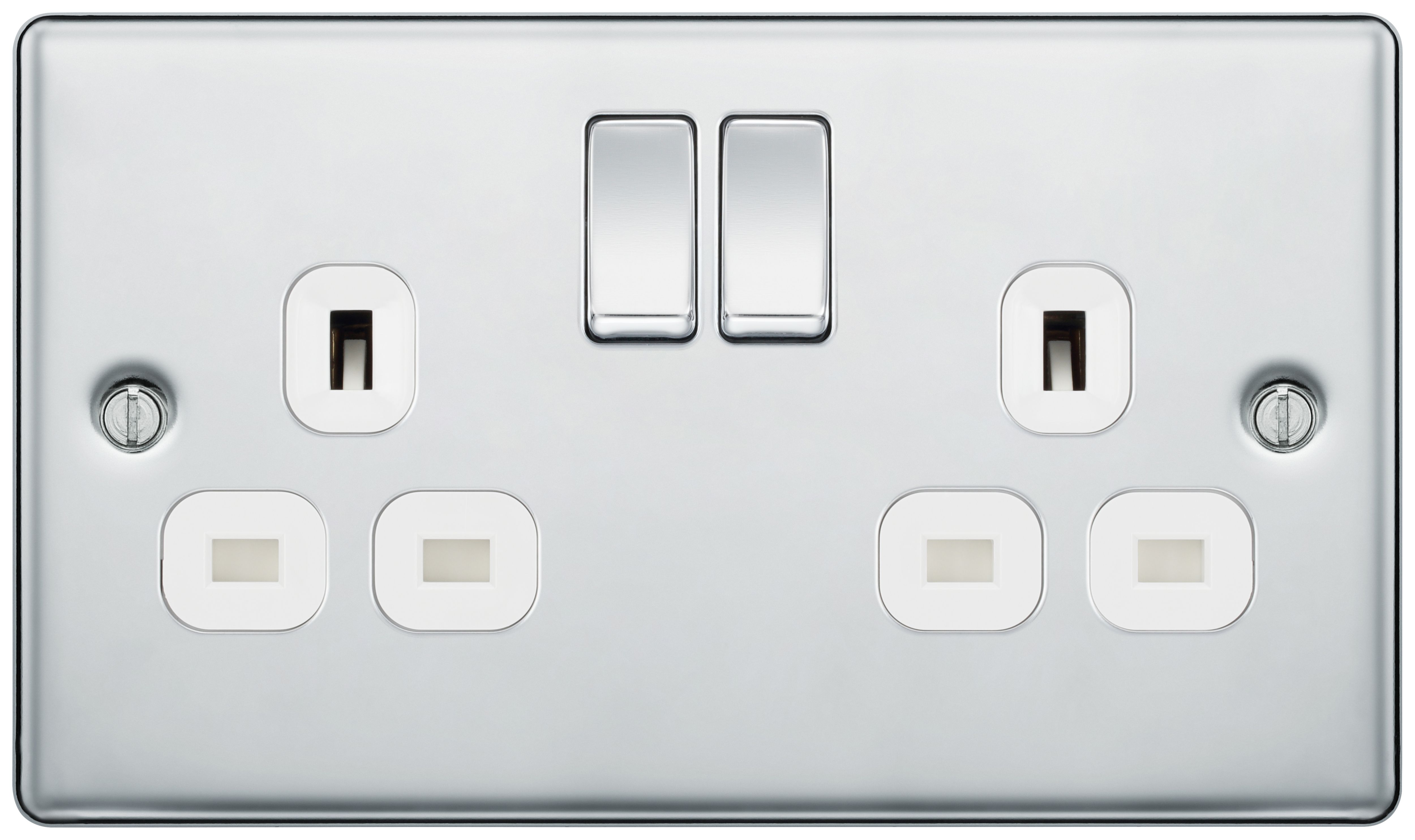 BG 13A Screwed Raised Plate Double Switched Power Socket Double Pole - Polished Chrome