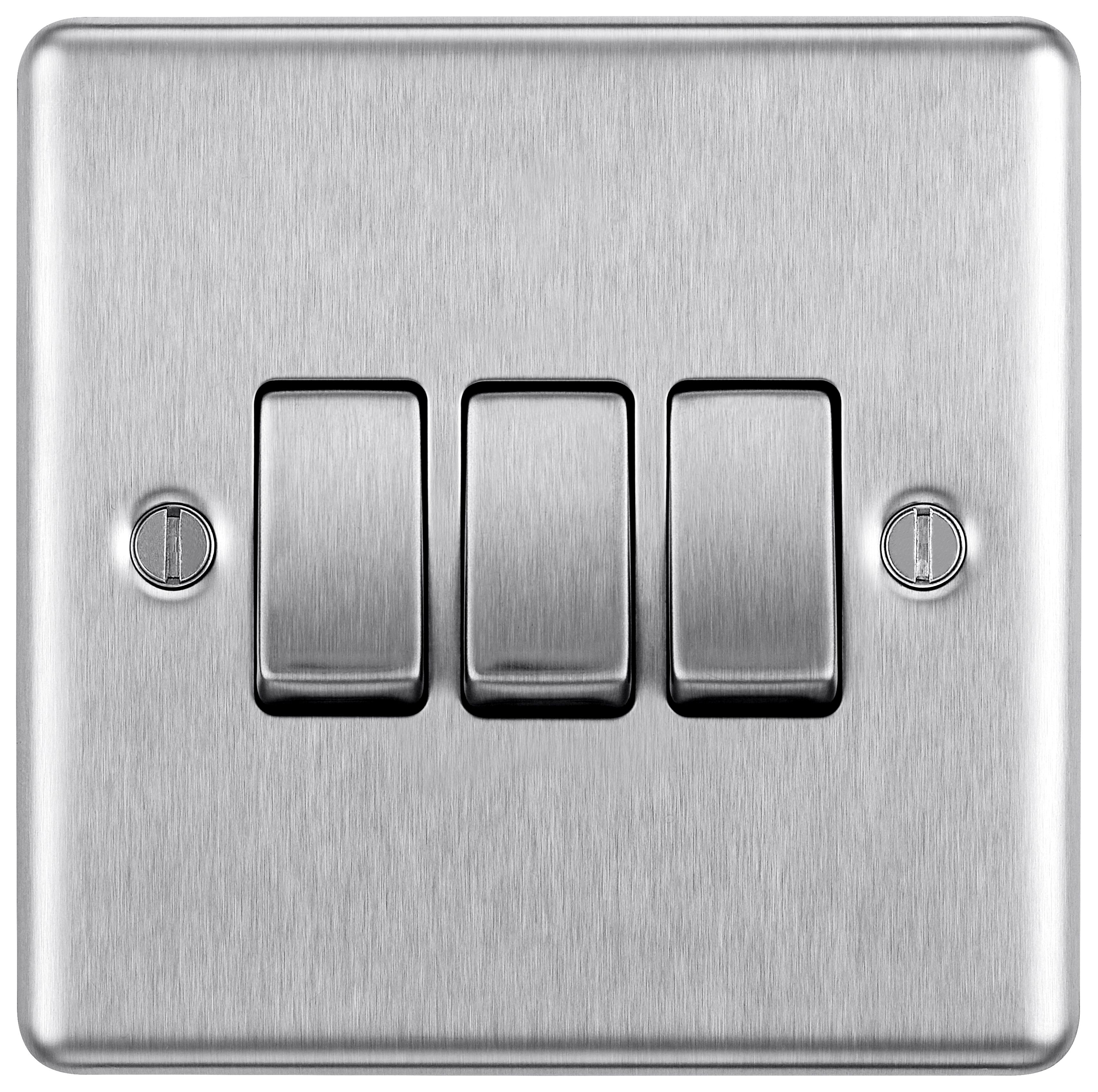 BG 10Ax Screwed Raised Plate Triple Switch 2 Way - Brushed Steel