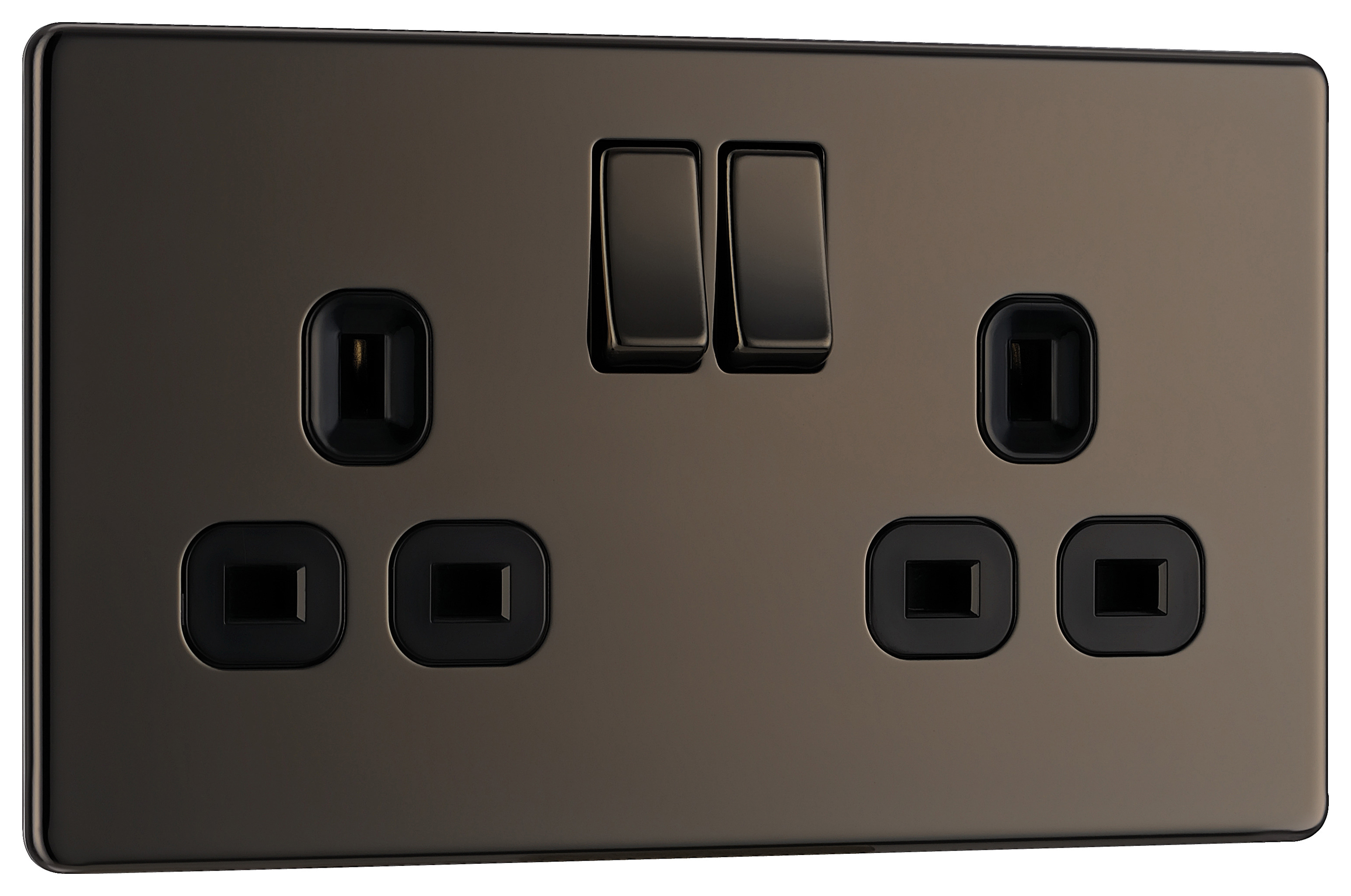 BG 13A Screwless Flat Plate Double Switched Power Socket Double Pole - Black Nickel