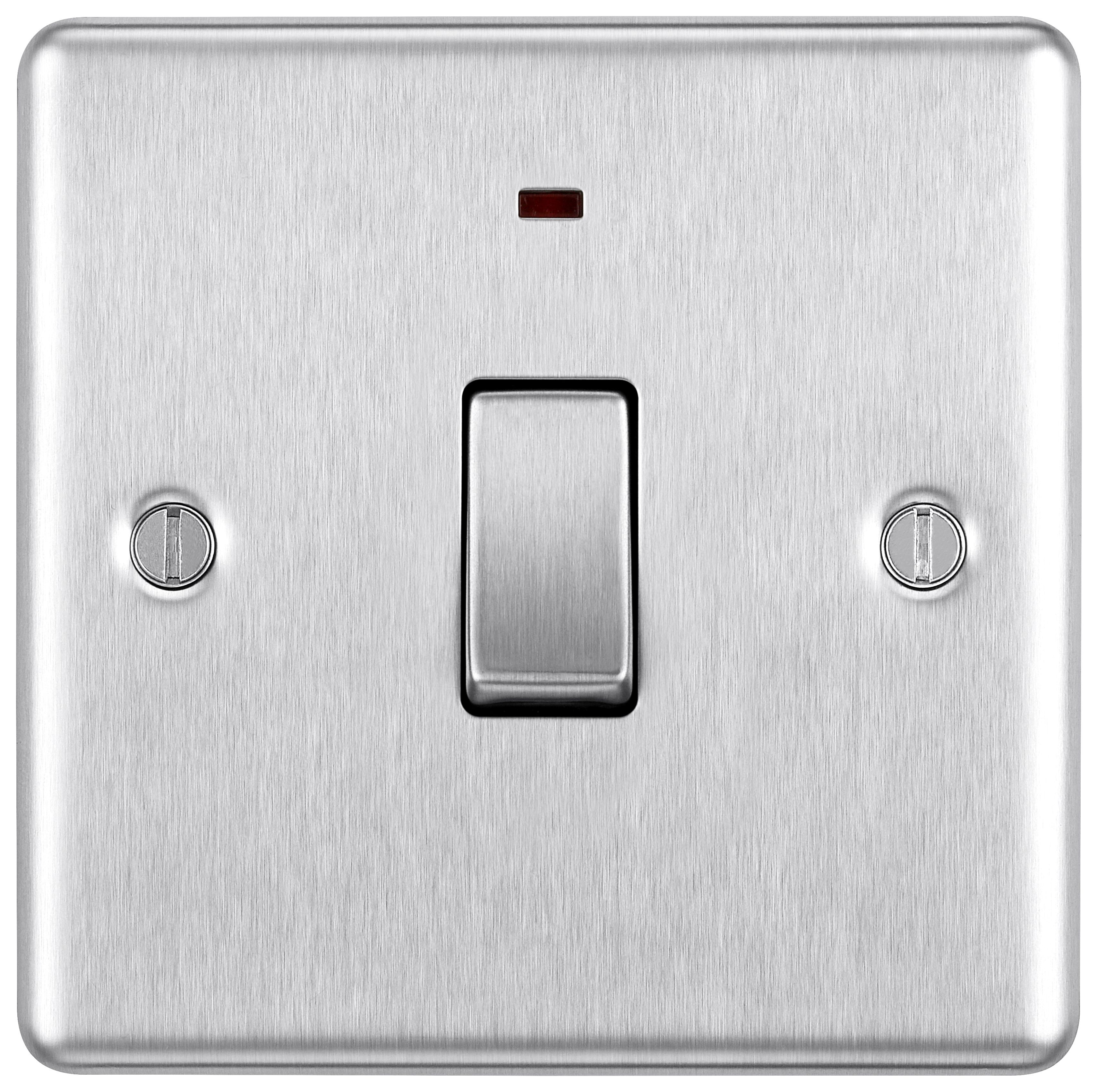 BG 20A Screwed Raised Plate Single Switch With Power Indicator - Brushed Steel