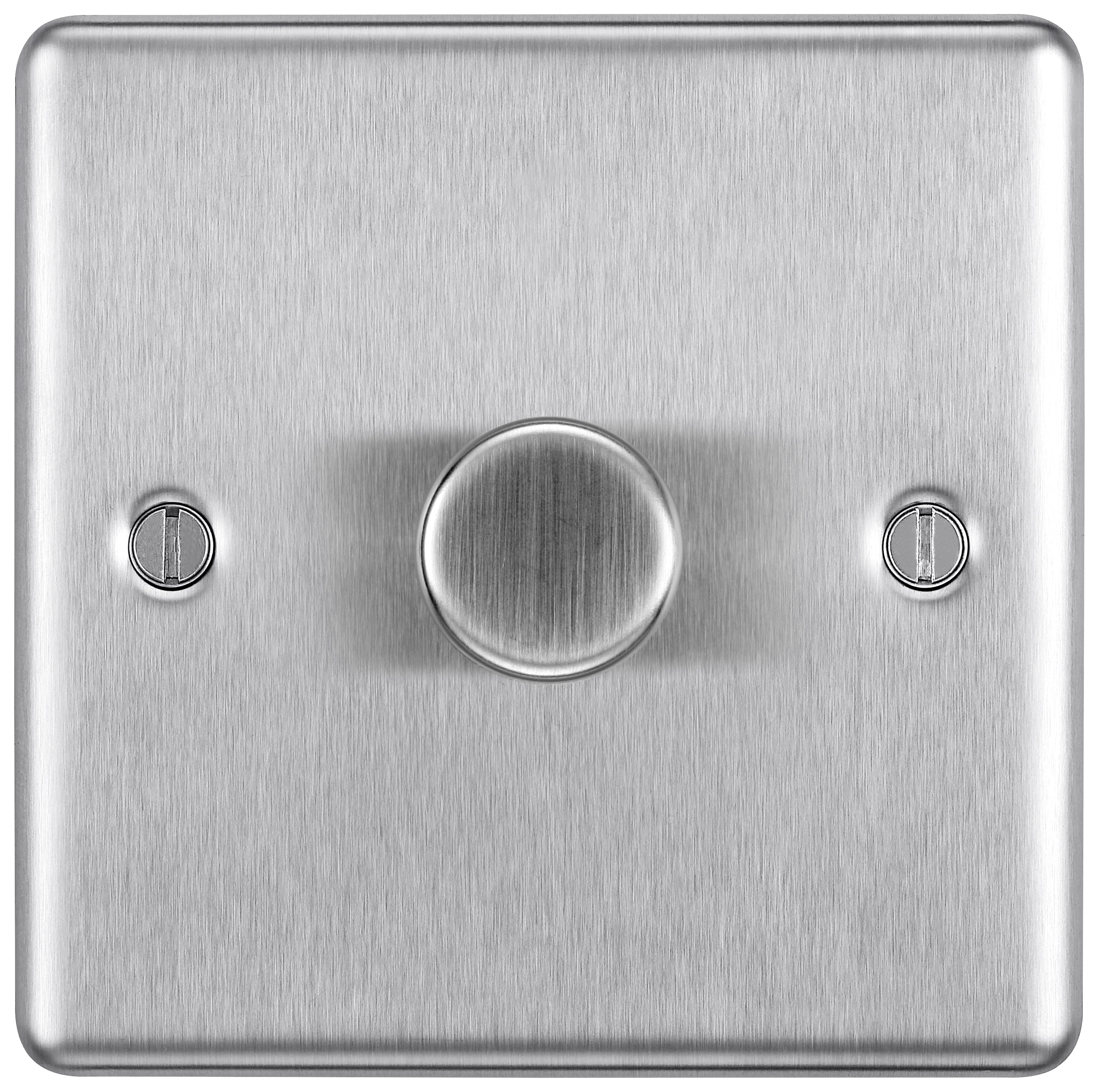 BG 400W 2 Way Push On / Off Screwed Raised Plate Single Dimmer Switch - Brushed Steel