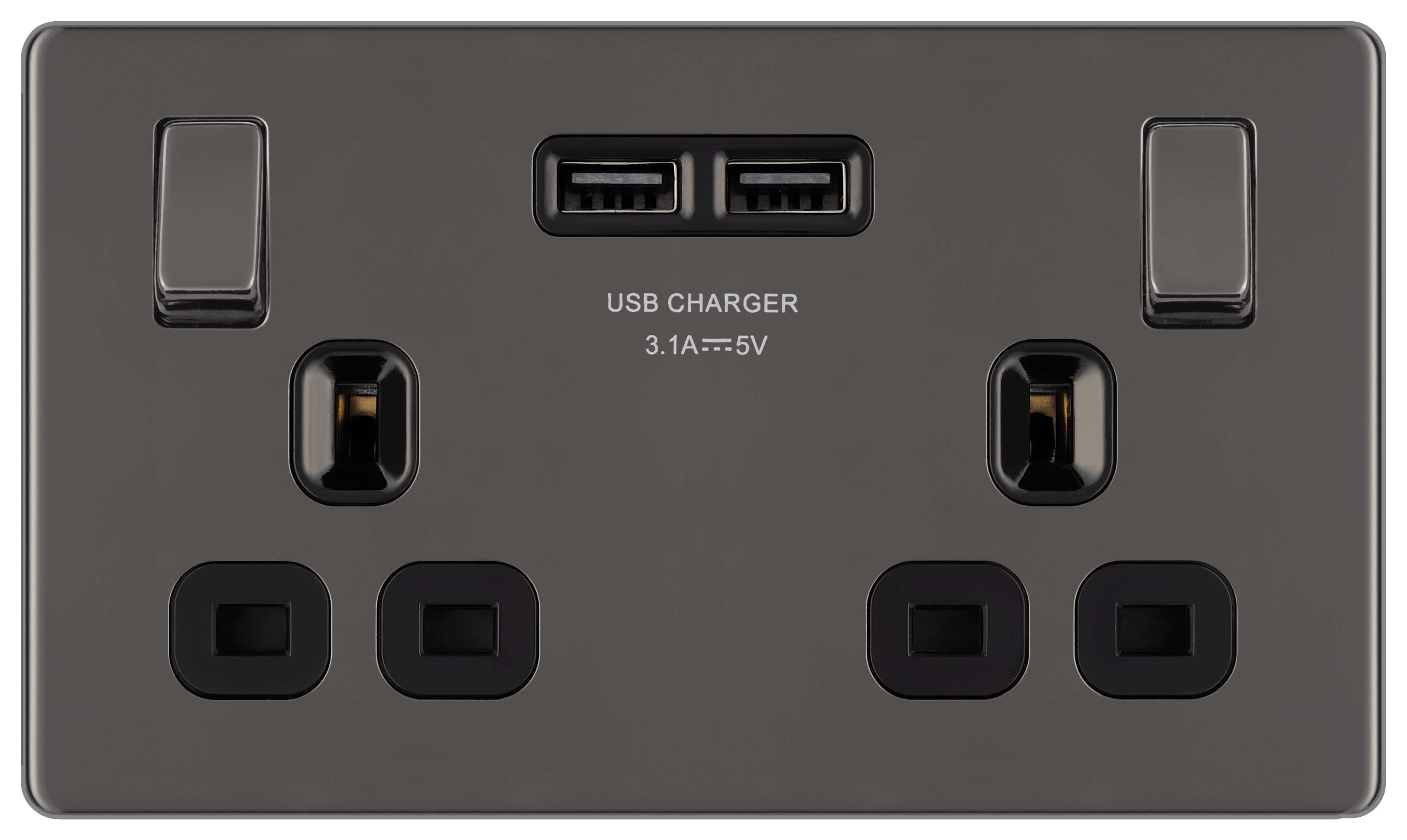 BG 13A Screwless Flat Plate Double Switched Power Socket - 2X Usb Sockets 3.1A - Black Nickel