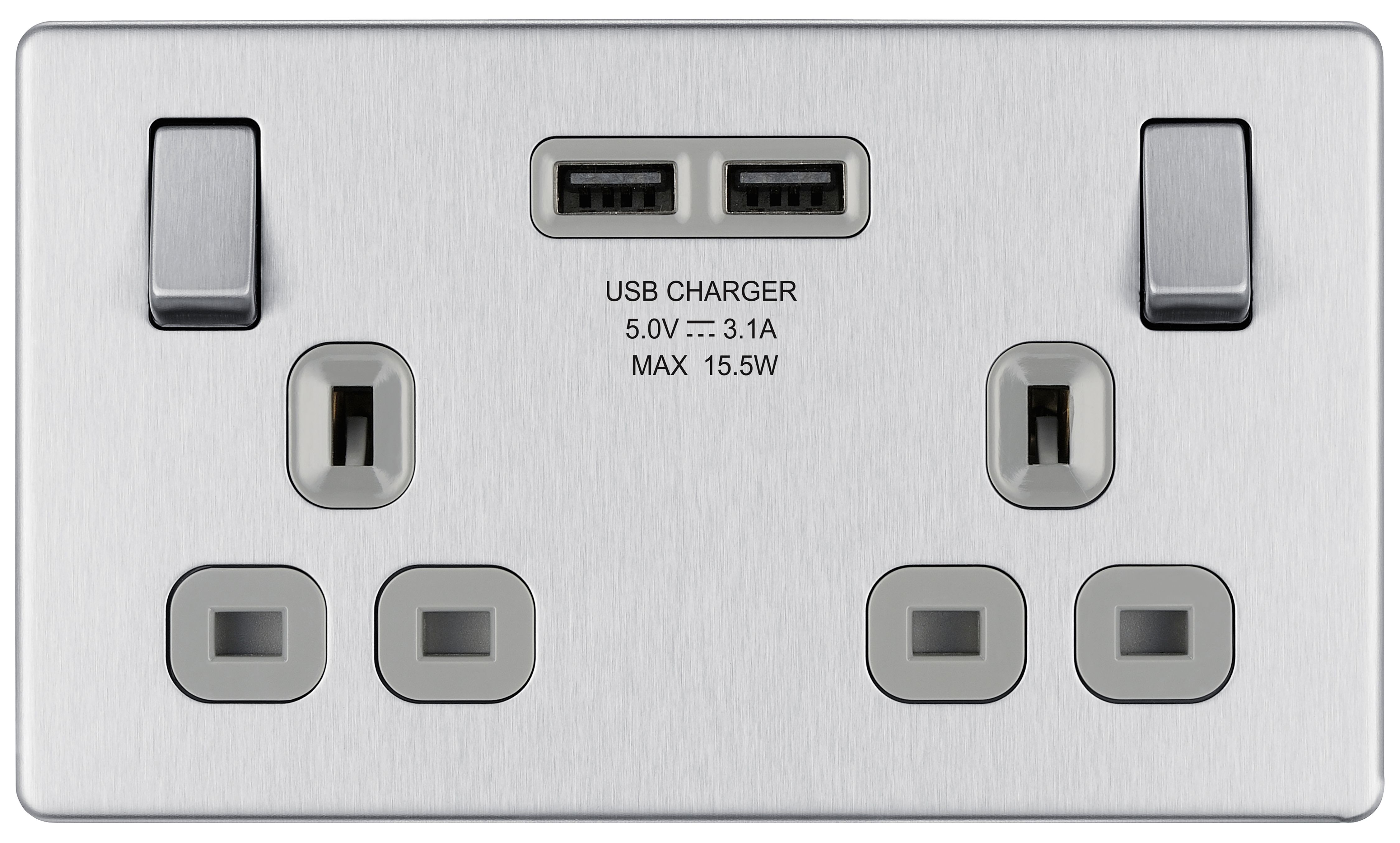 BG 13A Screwless Flat Plate Double Switched Power Socket & 2 x USB Sockets 2.1A - Brushed Steel