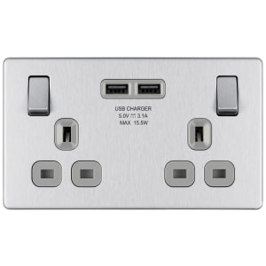 BG 13A Screwless Flat Plate Double Switched Power Socket + 2X Usb Sockets 2.1A - Brushed Steel