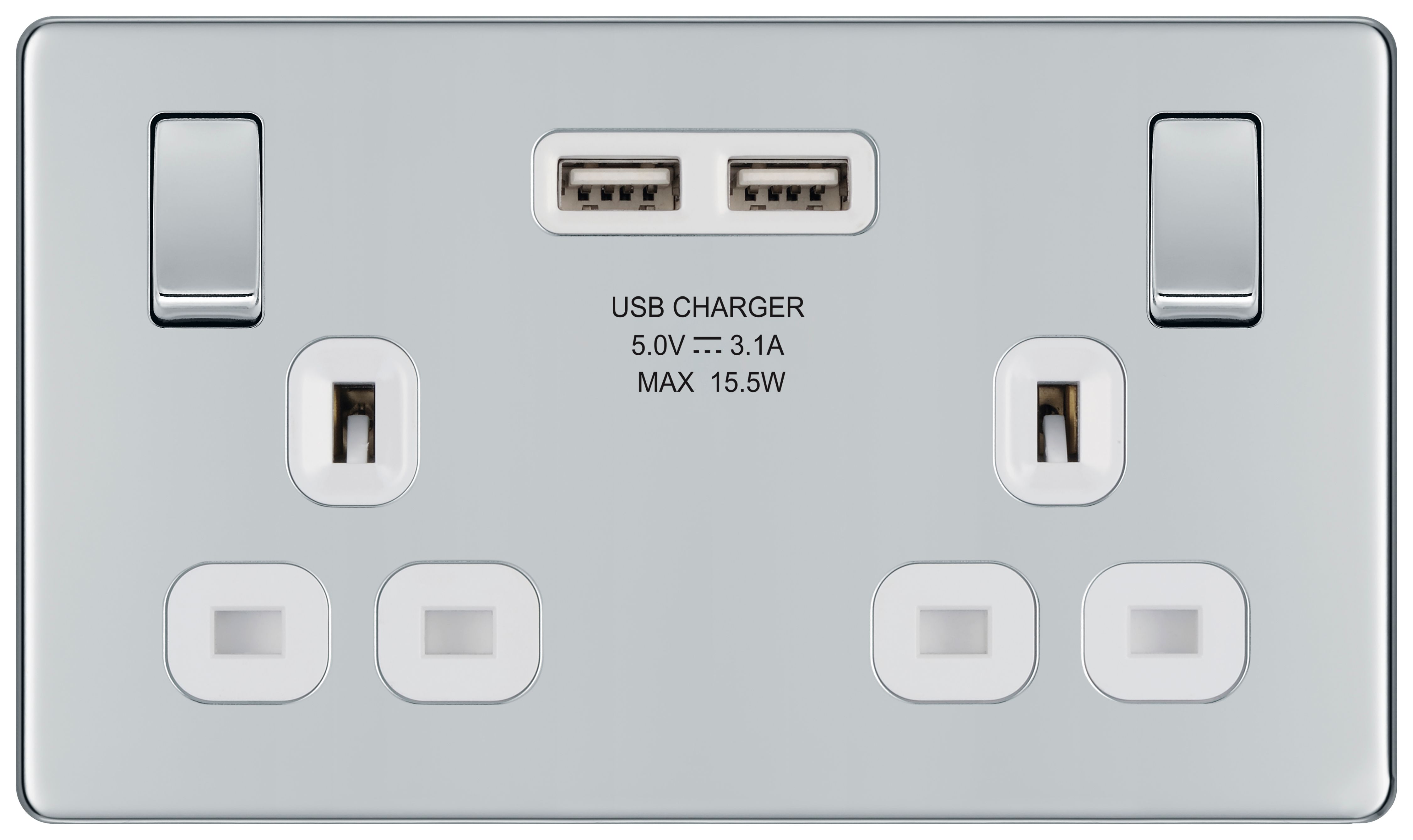 Image of BG 13A Screwless Flat Plate Double Switched Power Socket + 2X Usb Sockets 2.1A - Polished Chrome