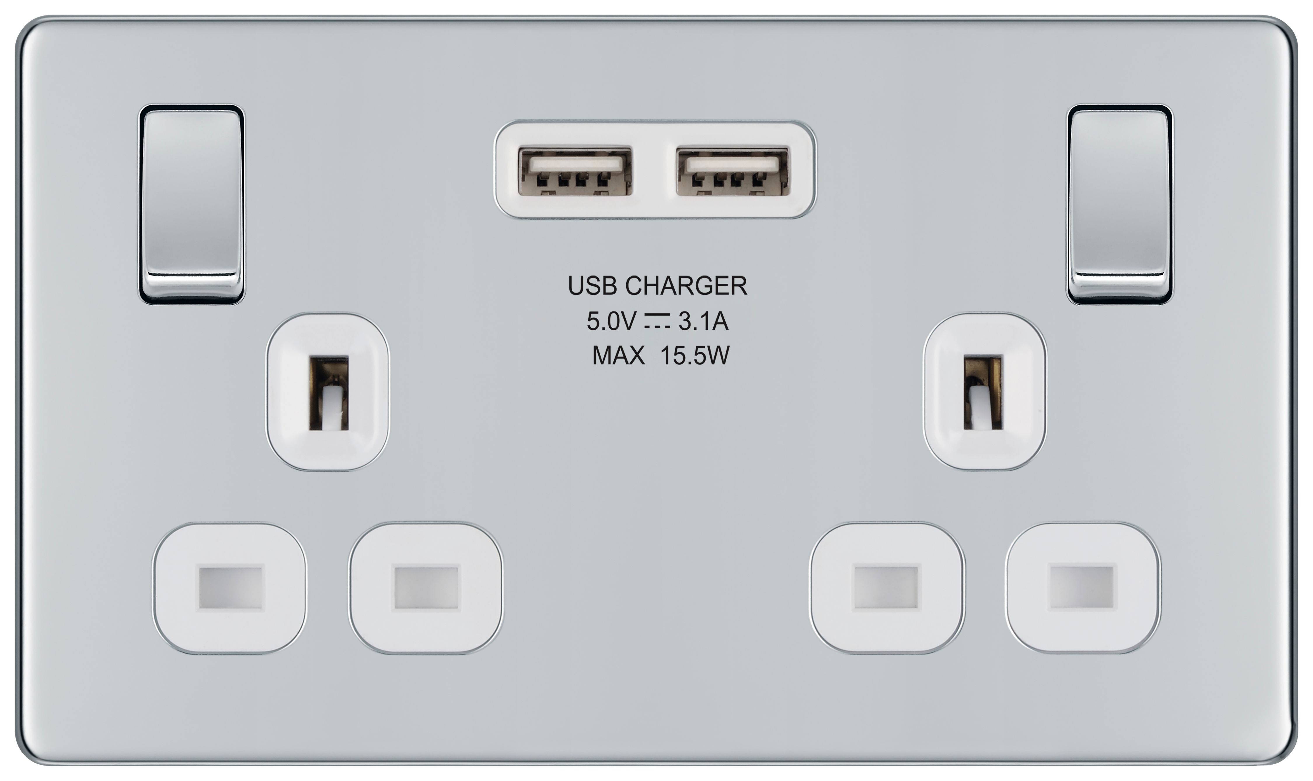 BG 13A Screwless Flat Plate Double Switched Power Socket & 2 x USB Sockets 2.1A - Polished Chrome