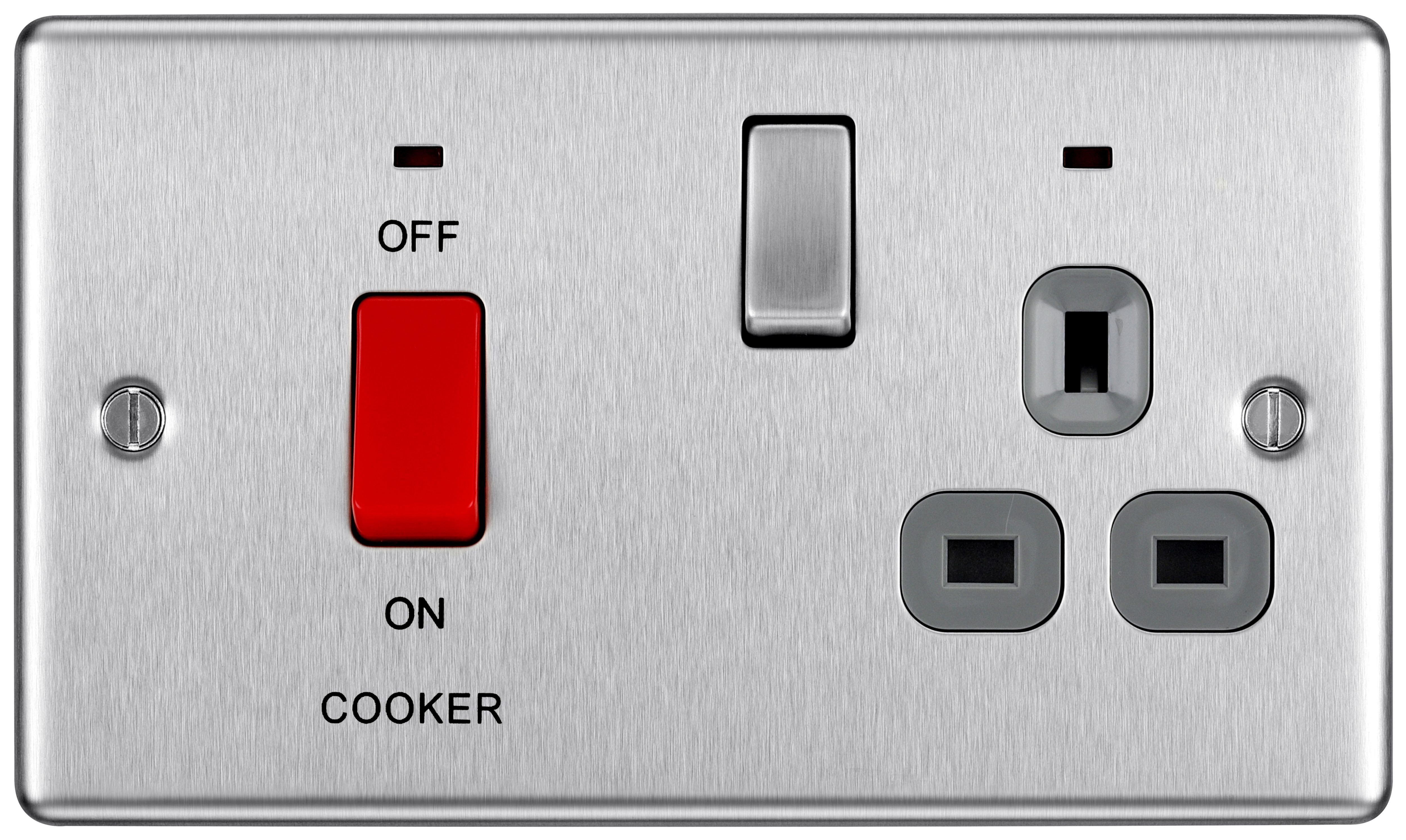 Image of BG 45 Amp Screwed Raised Plate Cooker Control Unit with Switched 13 Amp Power Socket Includes Power Indicators - Brushed Steel