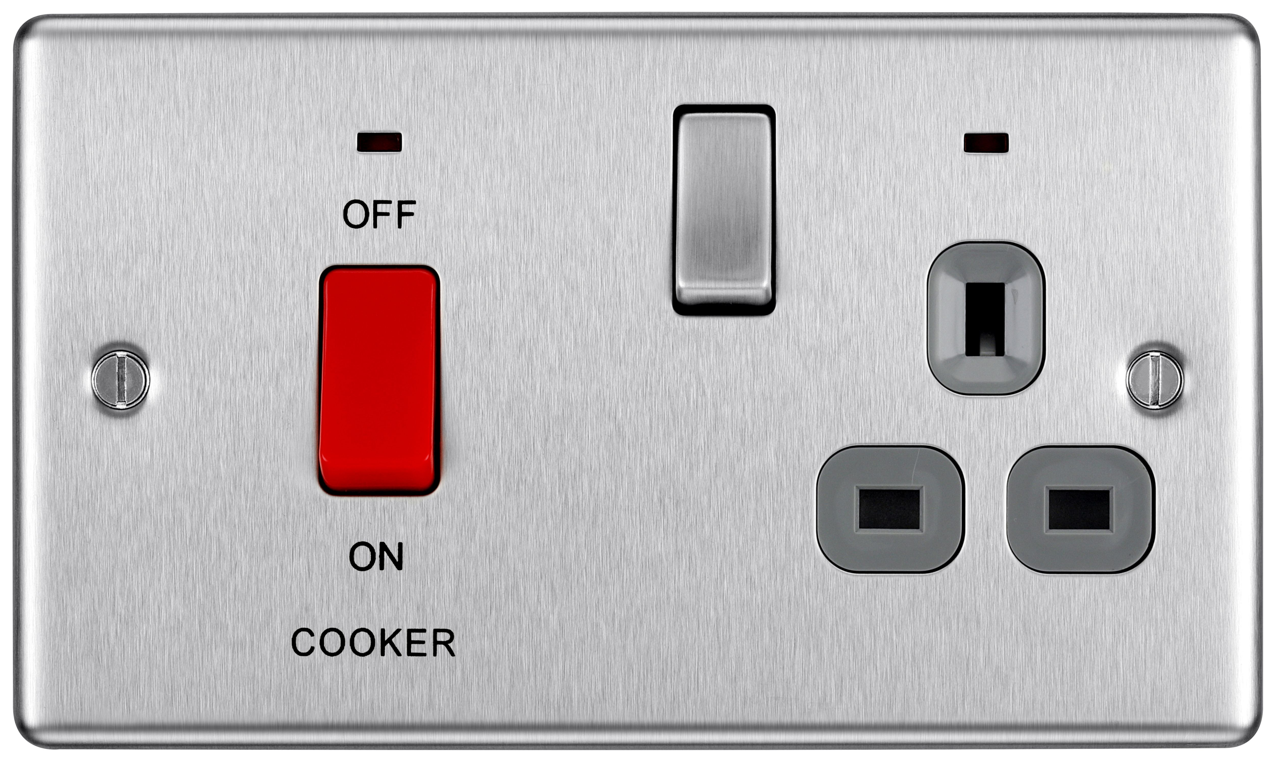 BG 45A Screwed Raised Plate Cooker Control Unit with Switched 13A Power Socket includes Power Indicators - Brushed Steel