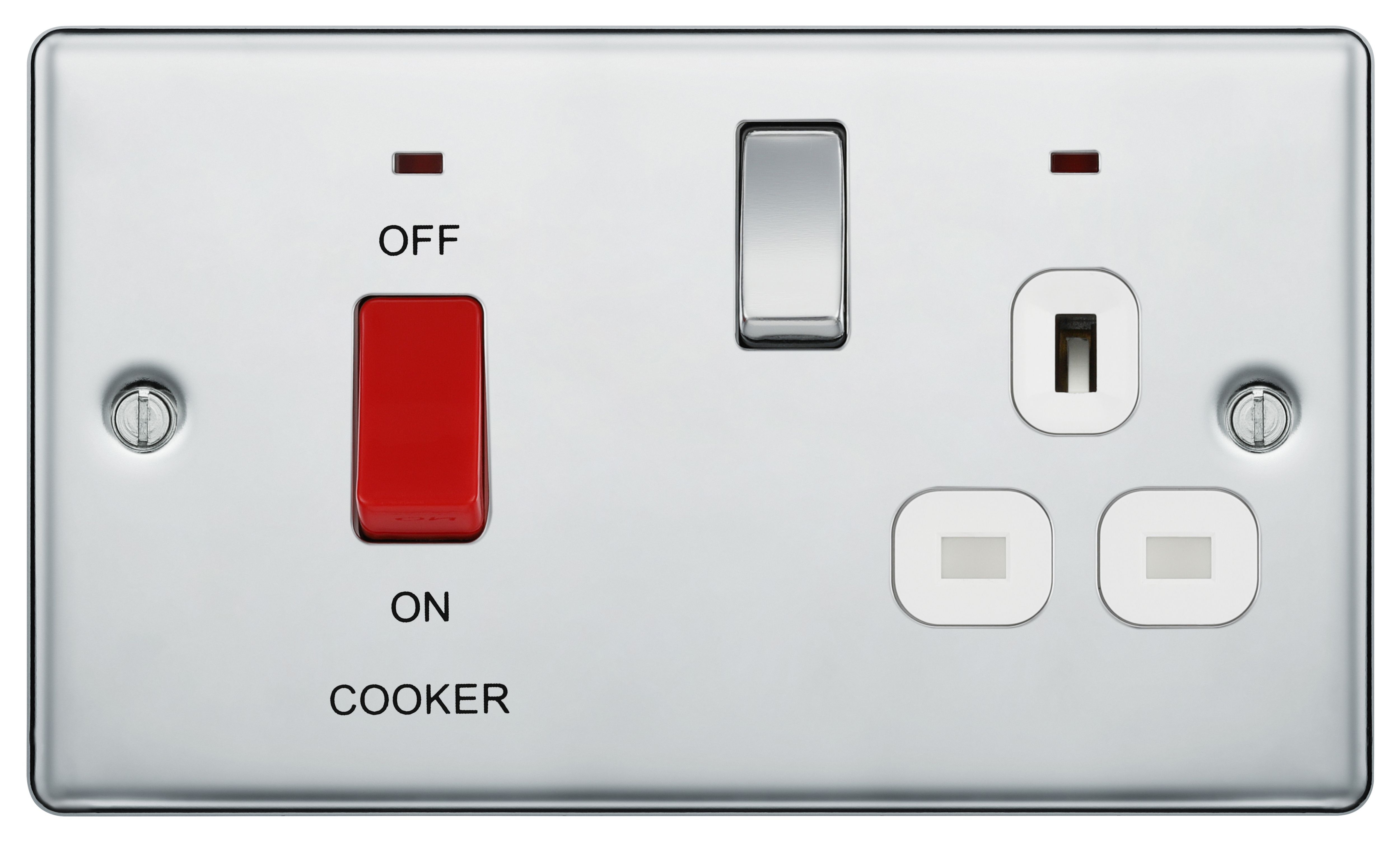BG 45 Amp Screwed Raised Plate Cooker Control Unit with Switched 13 Amp Power Socket Includes Power Indicators - Polished Chrome