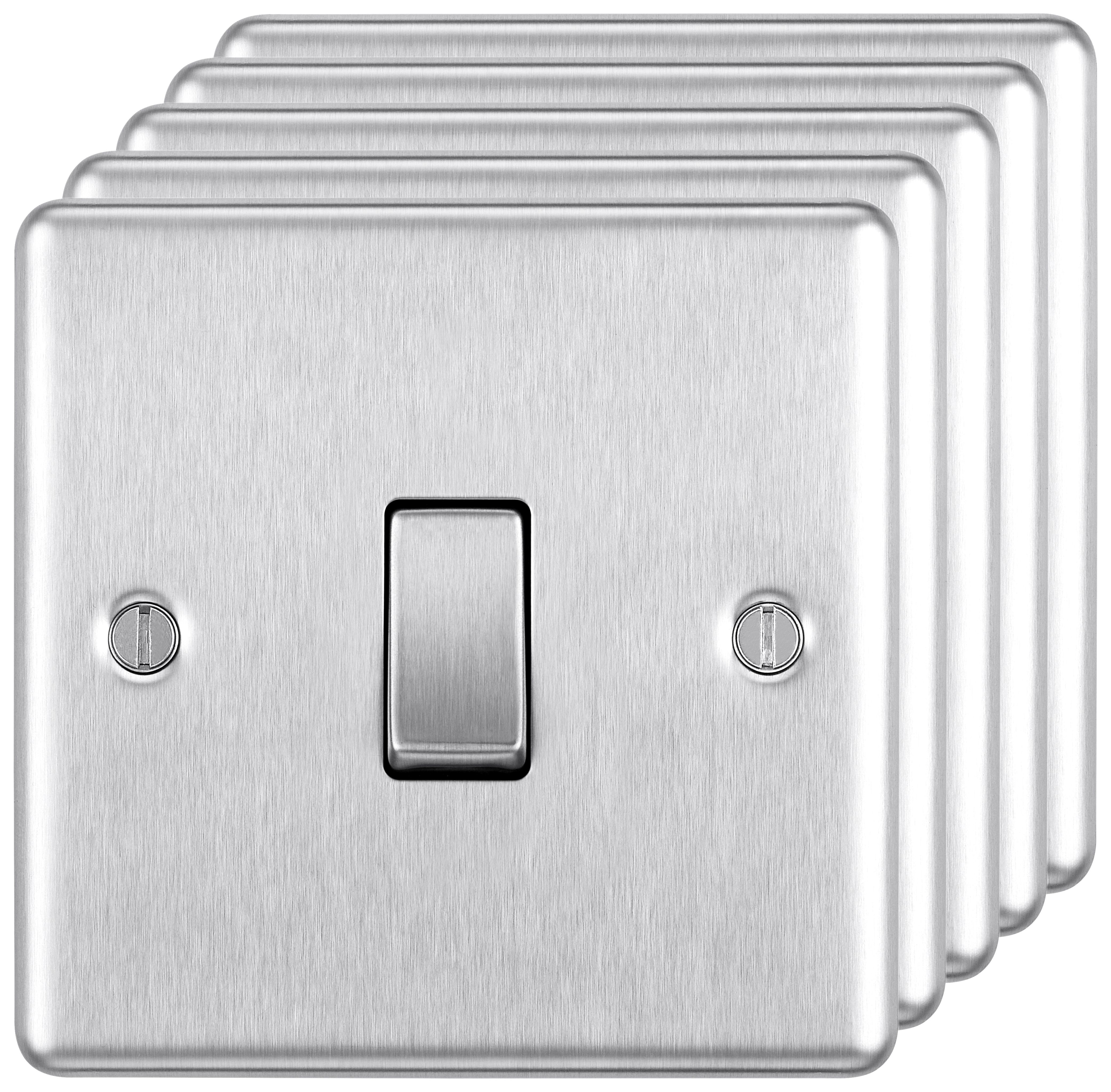 BG 10Ax 2 Way Screwed Raised Plate Single Switch - Brushed Steel - Pack of 5