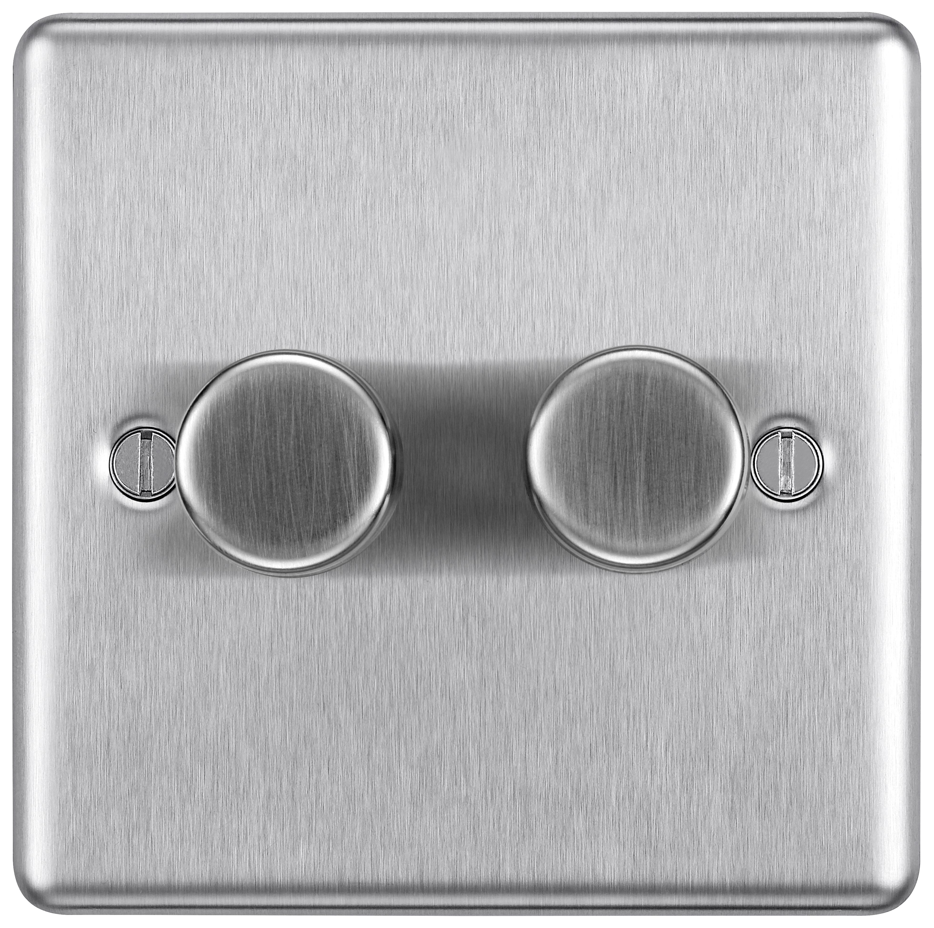Image of BG 400W Screwed Raised Plate Double Dimmer Switch 2-Way Push On/Off - Brushed Steel