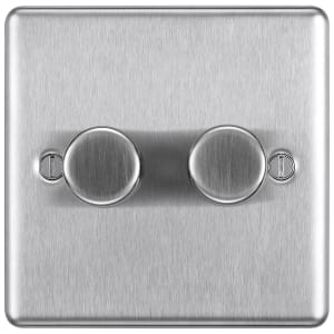 BG 400W Screwed Raised Plate Double Dimmer Switch 2-Way Push On/Off - Brushed Steel