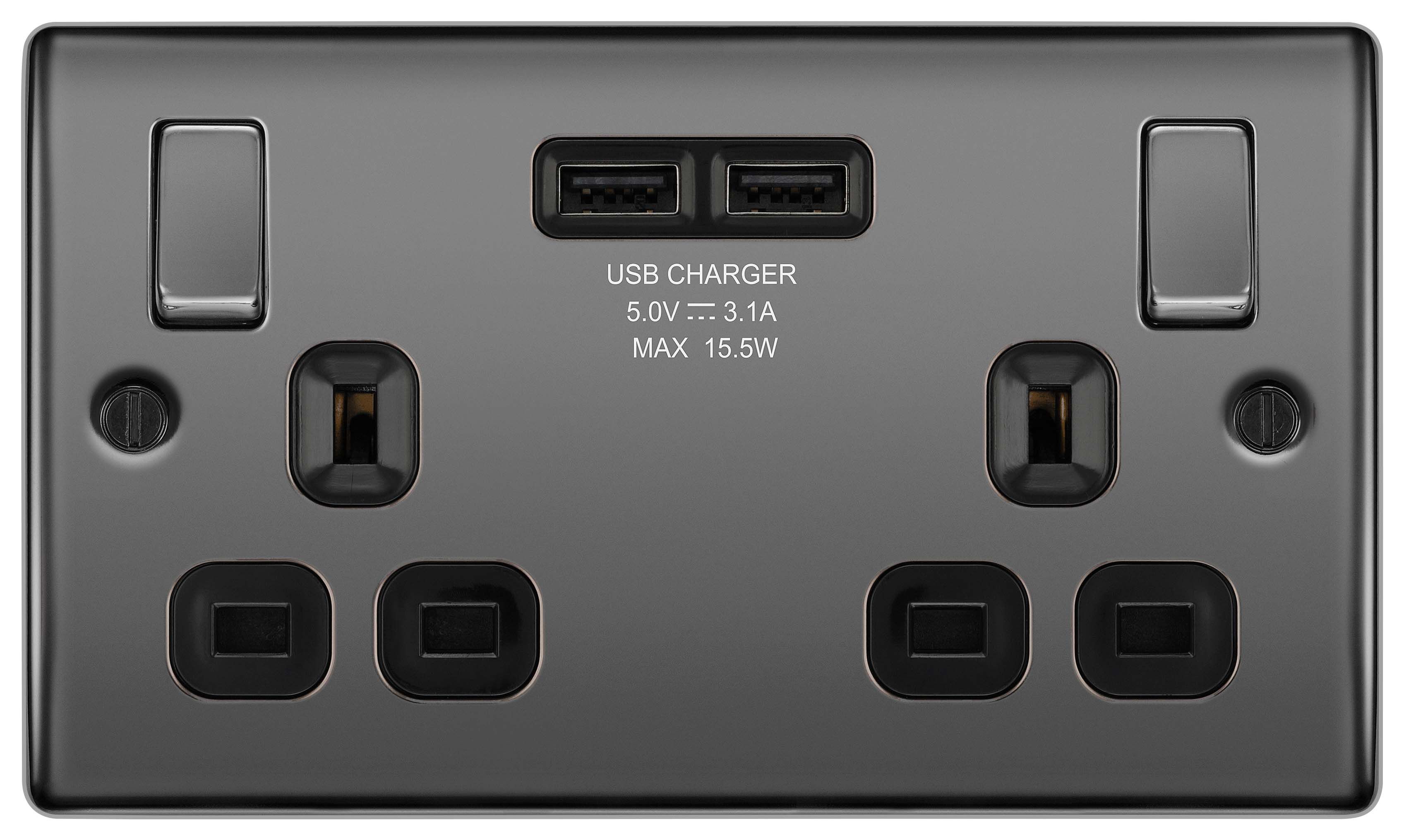 Image of BG 13A Screwed Raised Plate Double Switched Power Socket + 2 X Usb Sockets 2.1A - Black Nickel