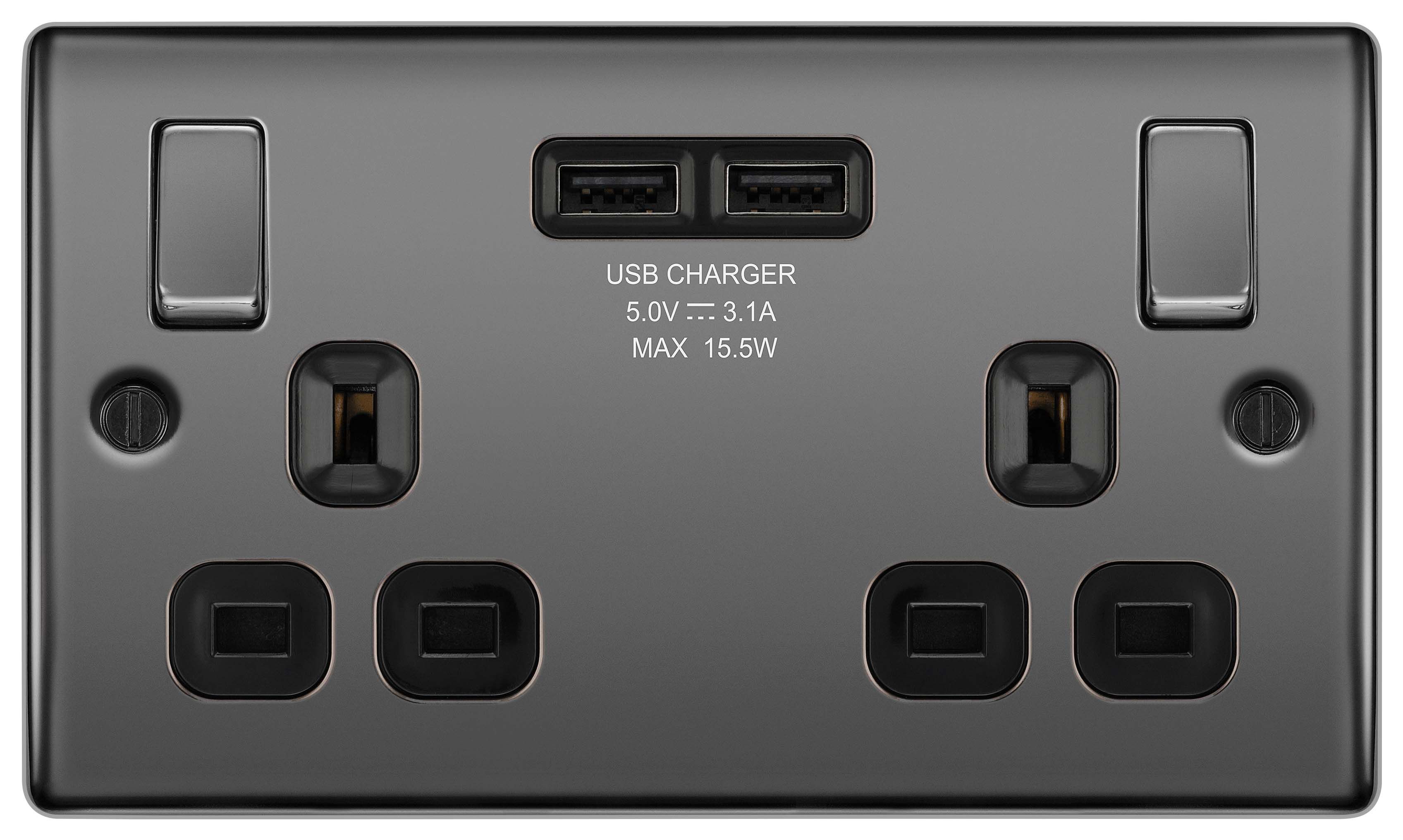 BG 13A Screwed Raised Plate Double Switched Power Socket & 2 x USB Sockets 2.1A - Black Nickel