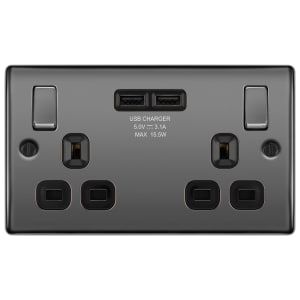 BG 13A Screwed Raised Plate Double Switched Power Socket + 2 X Usb Sockets 2.1A - Black Nickel
