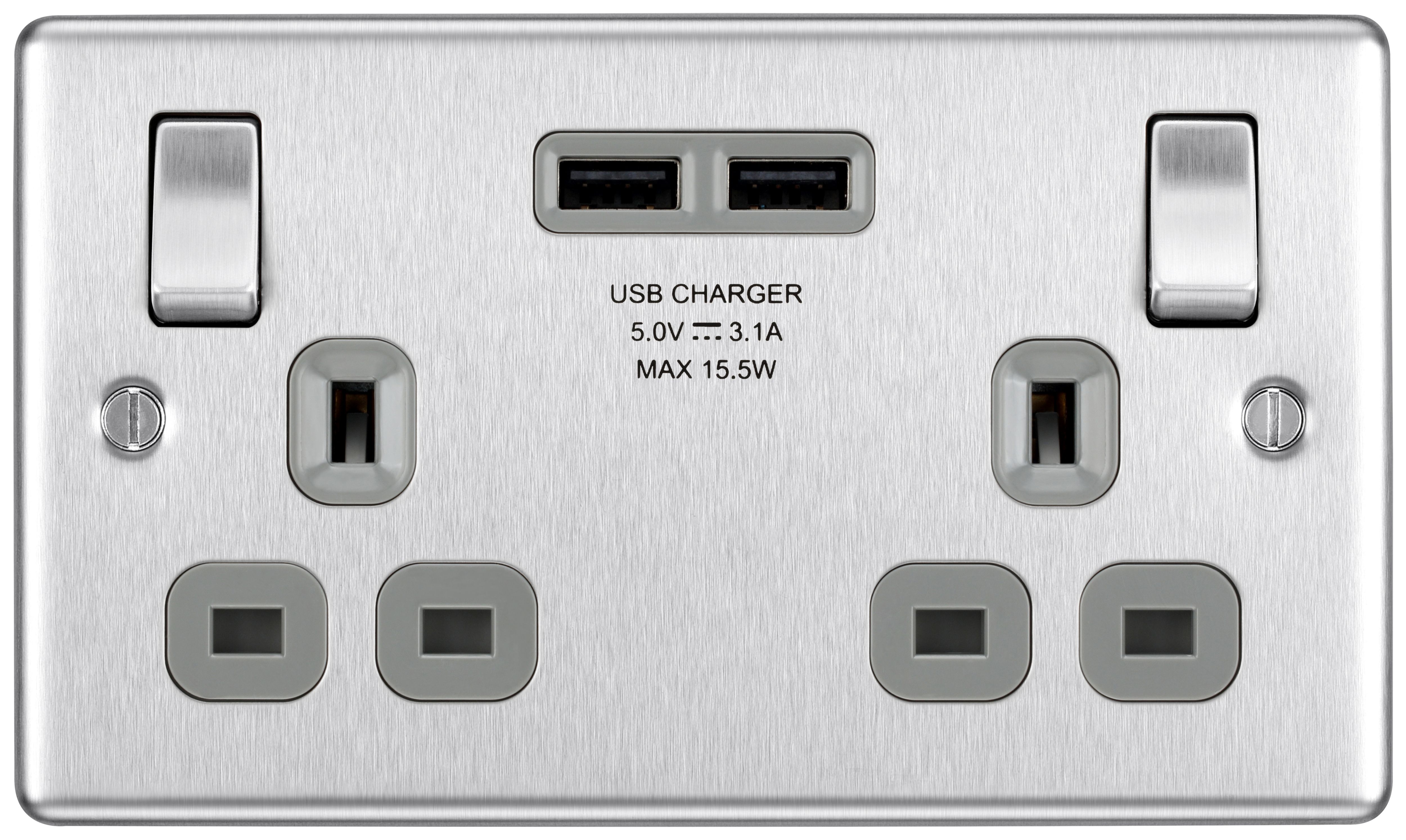 BG 13A Screwed Raised Plate Double Switched Power Socket & 2 x USB Sockets 2.1A - Brushed Steel