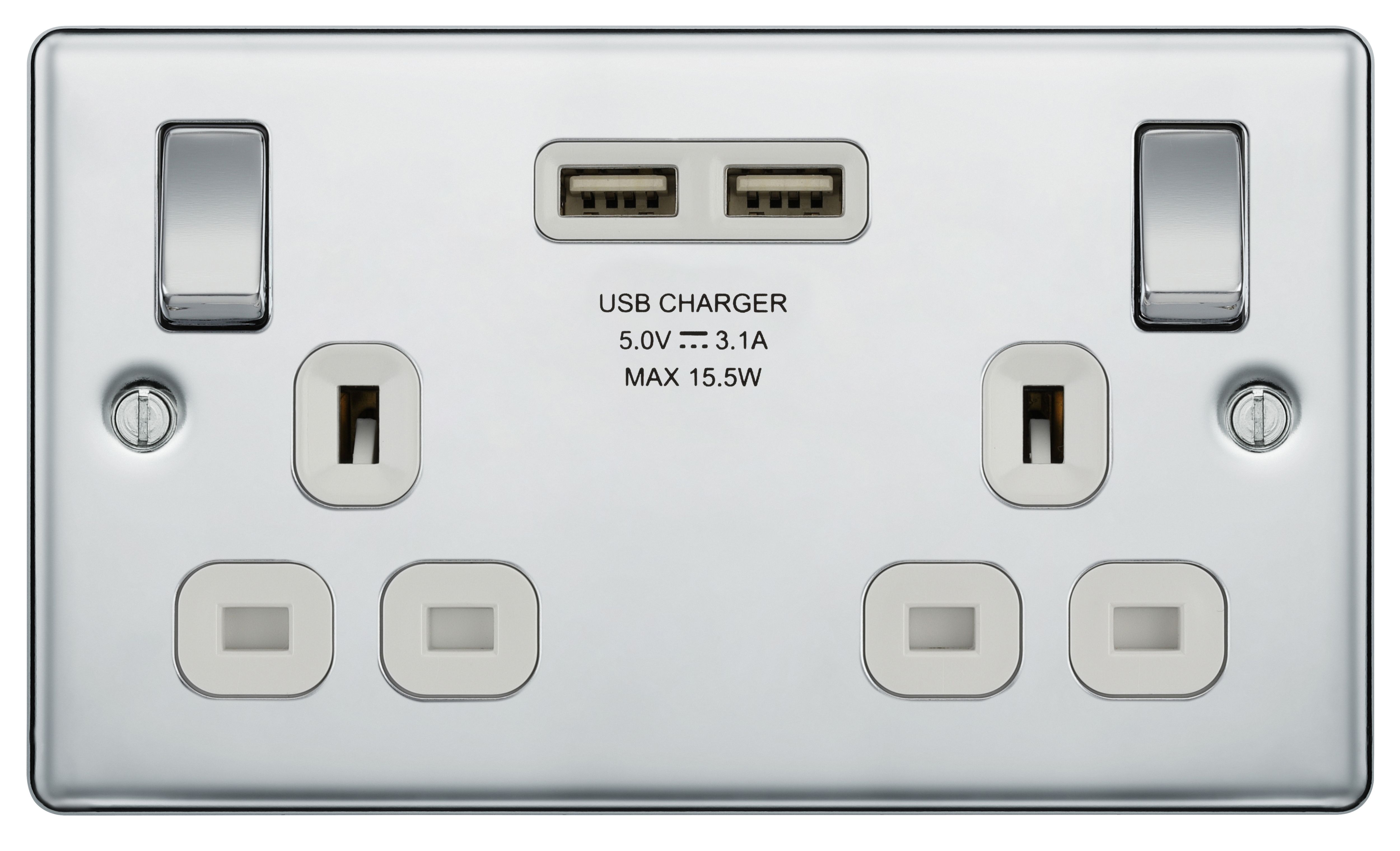 BG 13A Screwed Raised Plate Double Switched Power Socket + 2X Usb Sockets 2.1A - Polished Chrome