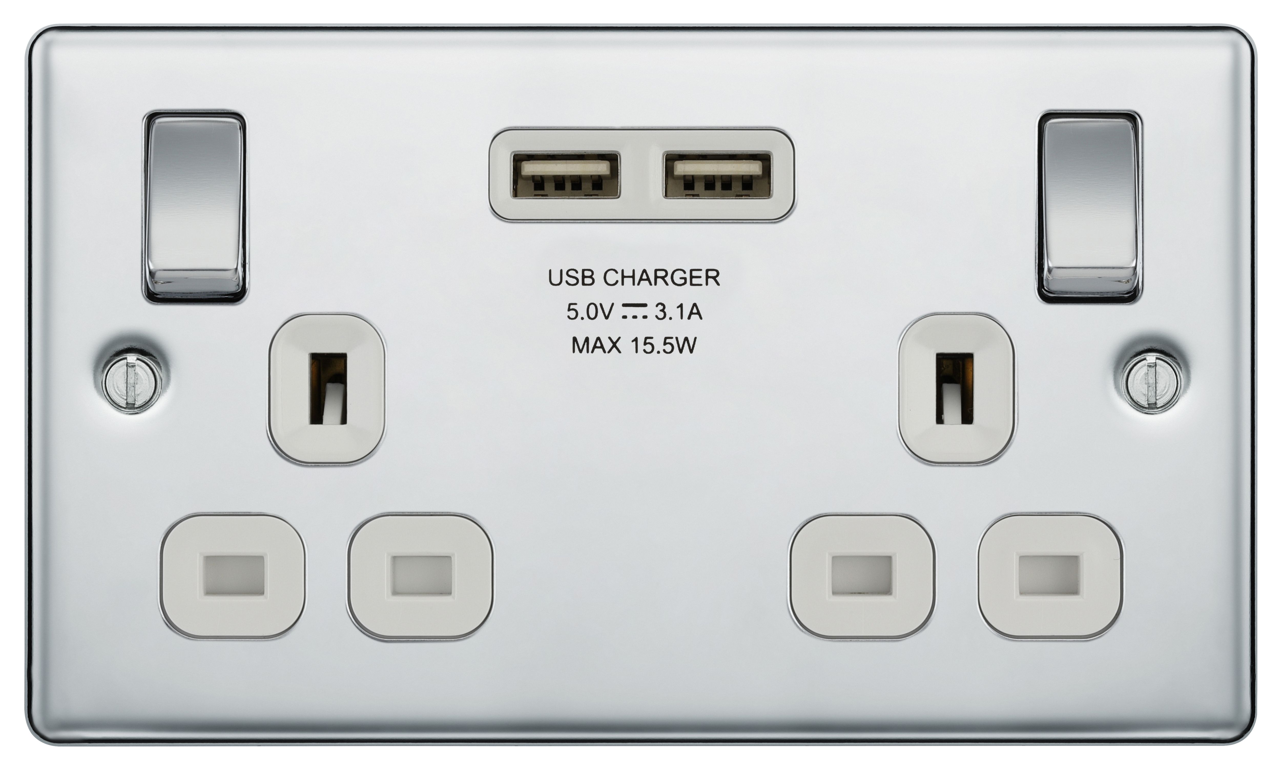 BG 13A Screwed Raised Plate Double Switched Power Socket & 2 x USB Sockets 2.1A - Polished Chrome