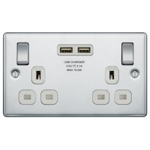 BG 13A Screwed Raised Plate Double Switched Power Socket + 2X Usb Sockets 2.1A - Polished Chrome
