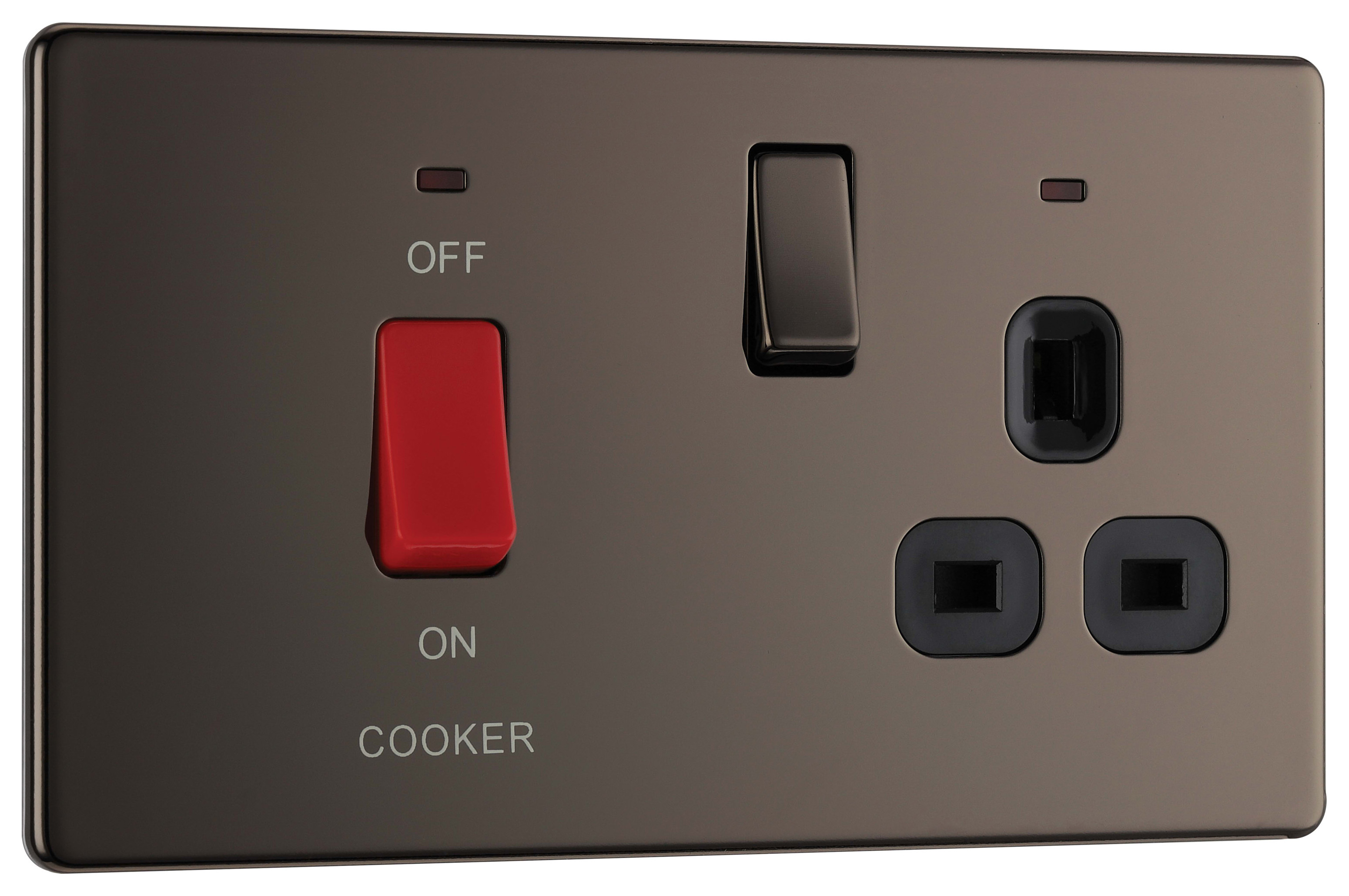 BG 45 Amp Screwless Flat Plate Cooker Control Unit with Switched 13 Amp Power Socket Includes Power Indicators - Black Nickel